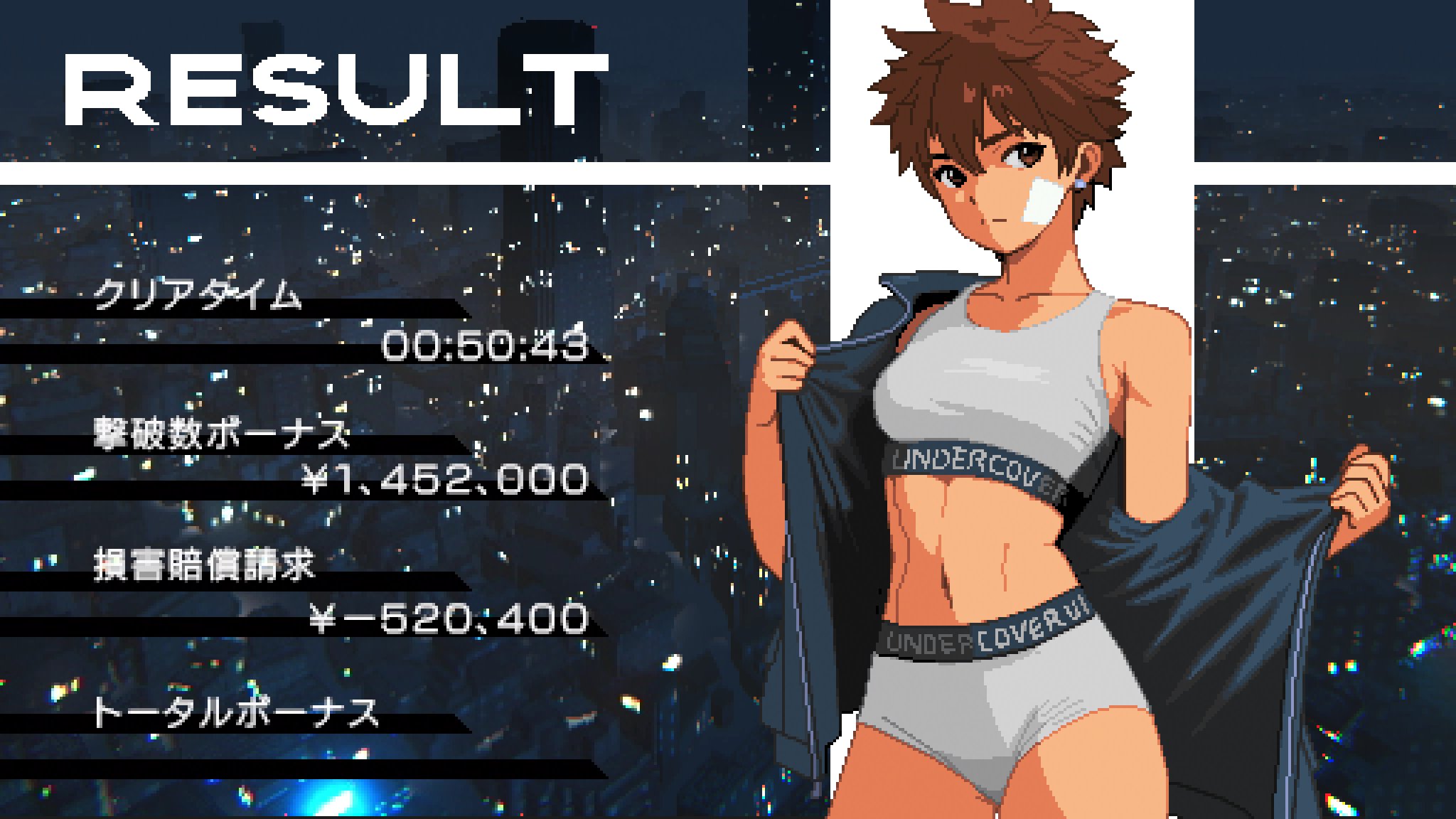 picopico256, kei sakuragi, the scramble vice, highres, tagme, 1girl, bra, brown eyes, brown hair, expressionless, navel, short hair, underwear