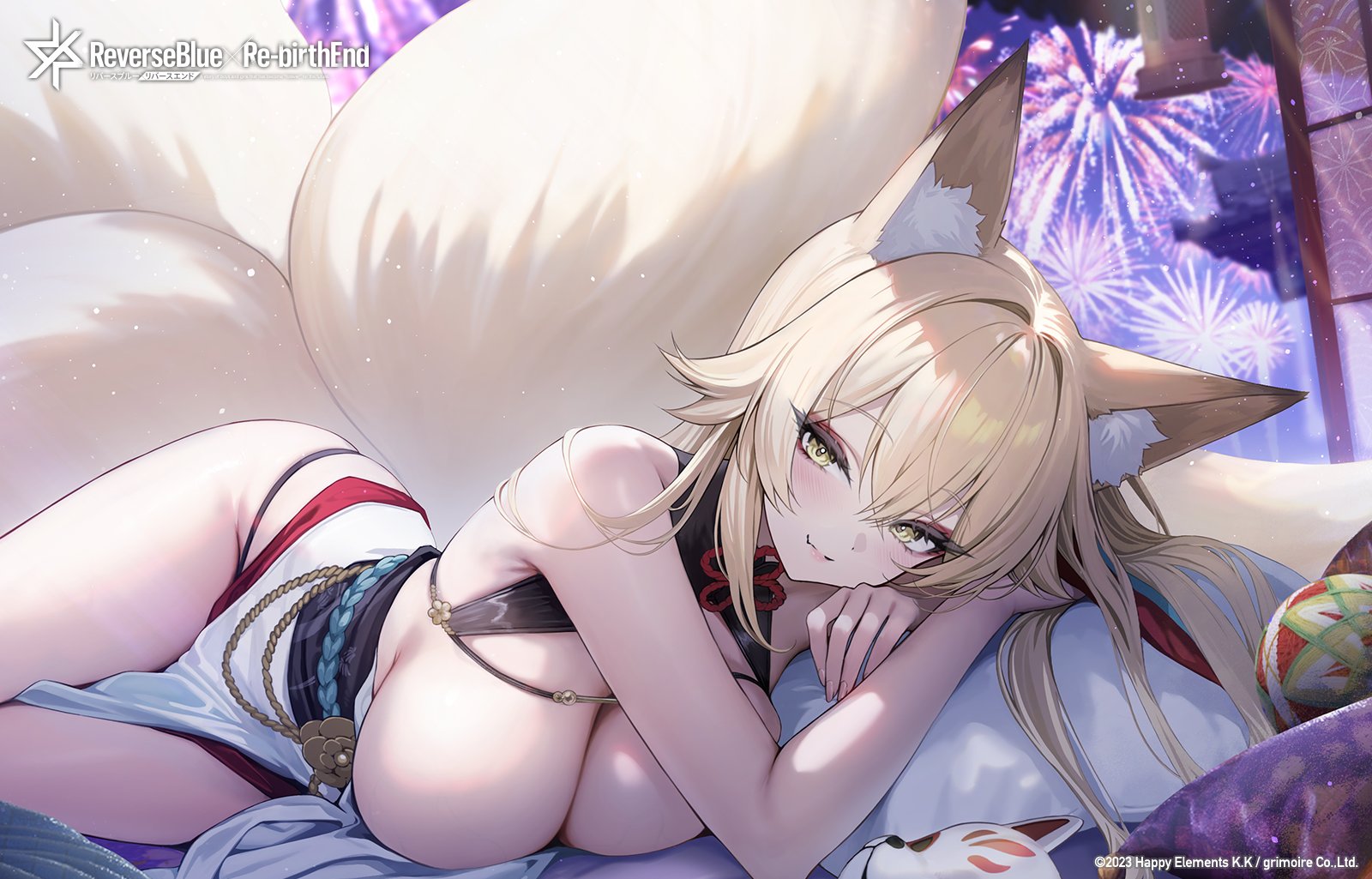 chungu, reverseblue x re-birthend, character request, commentary request, highres, second-party source, 1girl, aerial fireworks, animal ear fluff, animal ears, blonde hair, breasts, cleavage, closed mouth, copyright name, copyright notice, fireworks, fox ears, fox girl, fox tail, large breasts, long hair, multiple tails, obi, obijime, pillow, sash, solo, tail, veins, veiny breasts