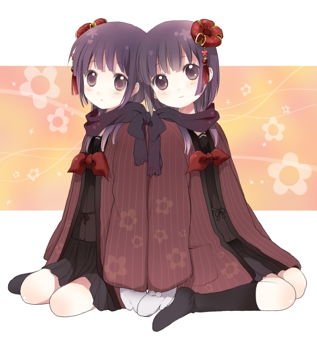 namori, original, black legwear, 2girls, back-to-back, black eyes, blush, hair ornament, kneeling, mittens, multiple girls, purple hair, scarf, school uniform, shared clothes, shared scarf, short hair, siblings, sisters, skirt, smile, socks, twins