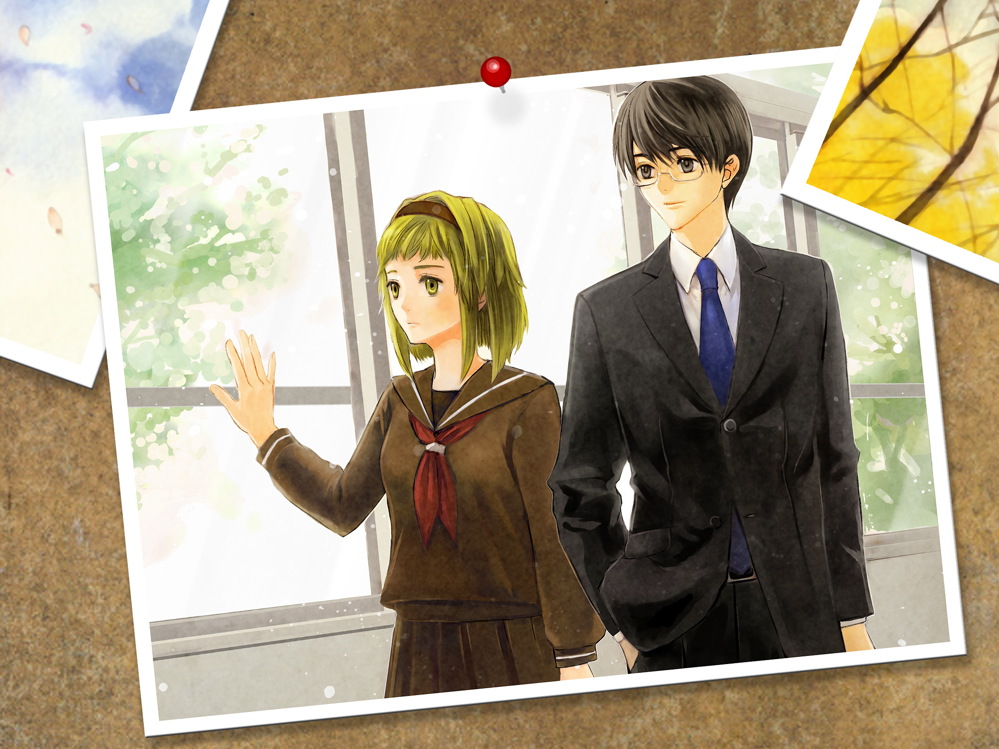 bokuto, gumi, hiyama kiyoteru, vocaloid, bad id, bad piapro id, highres, black hair, brown eyes, formal clothes, glasses, green eyes, green hair, hairband, necktie, photo (object), school, school uniform, serafuku, short hair, skirt, smile, suit