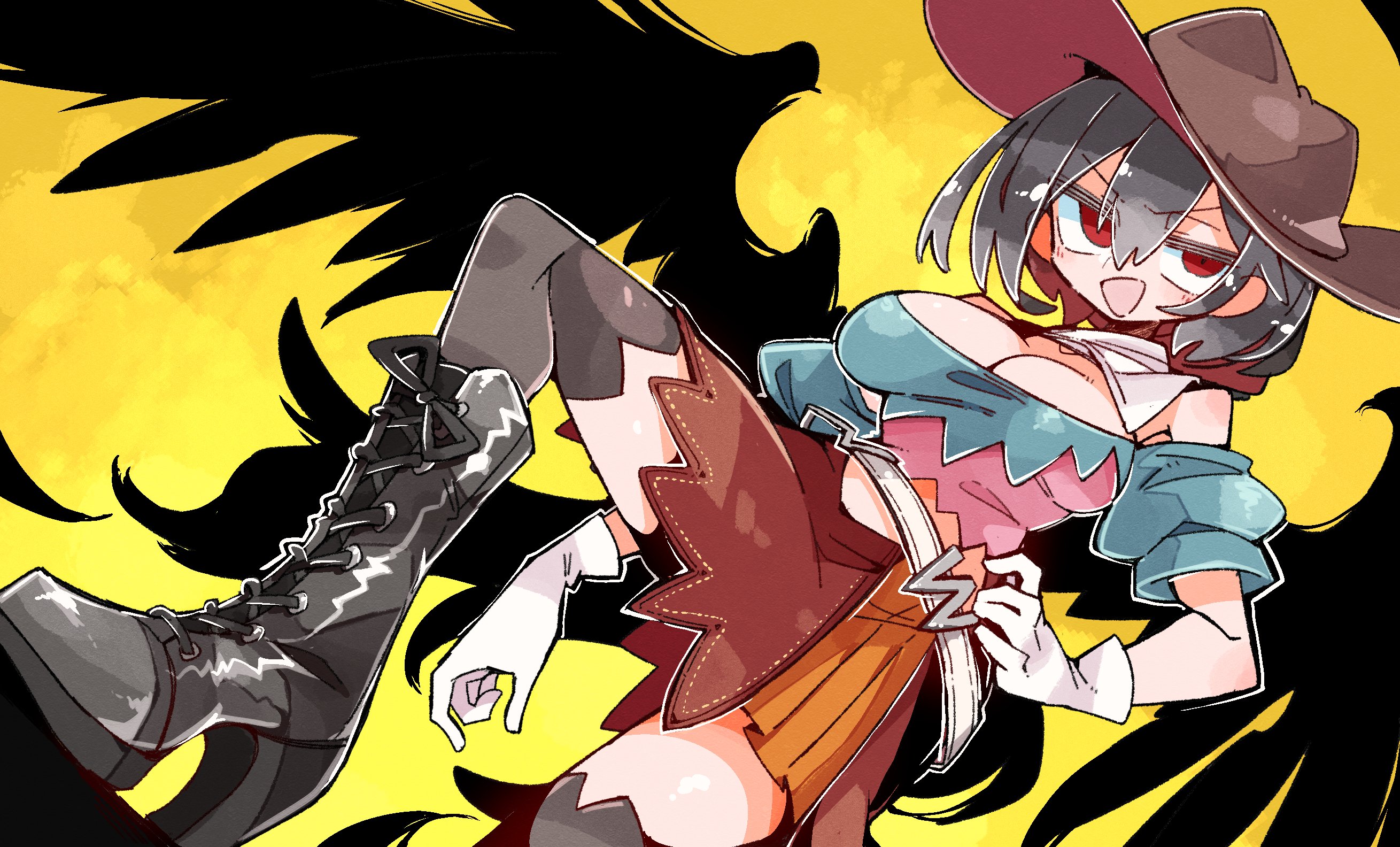 massakasama, kurokoma saki, touhou, highres, 1girl, :d, bare shoulders, belt, black boots, black hair, black wings, blue shirt, blush, boots, breasts, brown hat, brown skirt, cleavage, cowboy hat, detached sleeves, from below, gloves, hair between eyes, hand on own hip, hat, high heel boots, high heels, horse girl, horse tail, large breasts, long hair, looking at viewer, off-shoulder shirt, off shoulder, open mouth, pink shirt, ponytail, red eyes, shirt, short sleeves, skirt, smile, solo, tail, thighhighs, thighs, two-tone shirt, white gloves, wings, yellow background, zettai ryouiki