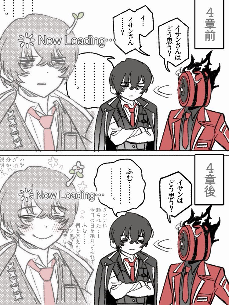 tama launcher, dante (limbus company), yi sang (project moon), limbus company, project moon, translation request, 1boy, 1other, black coat, clock, coat, coat on shoulders, collared shirt, fire, flower, lapels, necktie, notched lapels, object head, red coat, red necktie, shirt, simple background, speech bubble, sprout, thinking, upper body, white background, white shirt