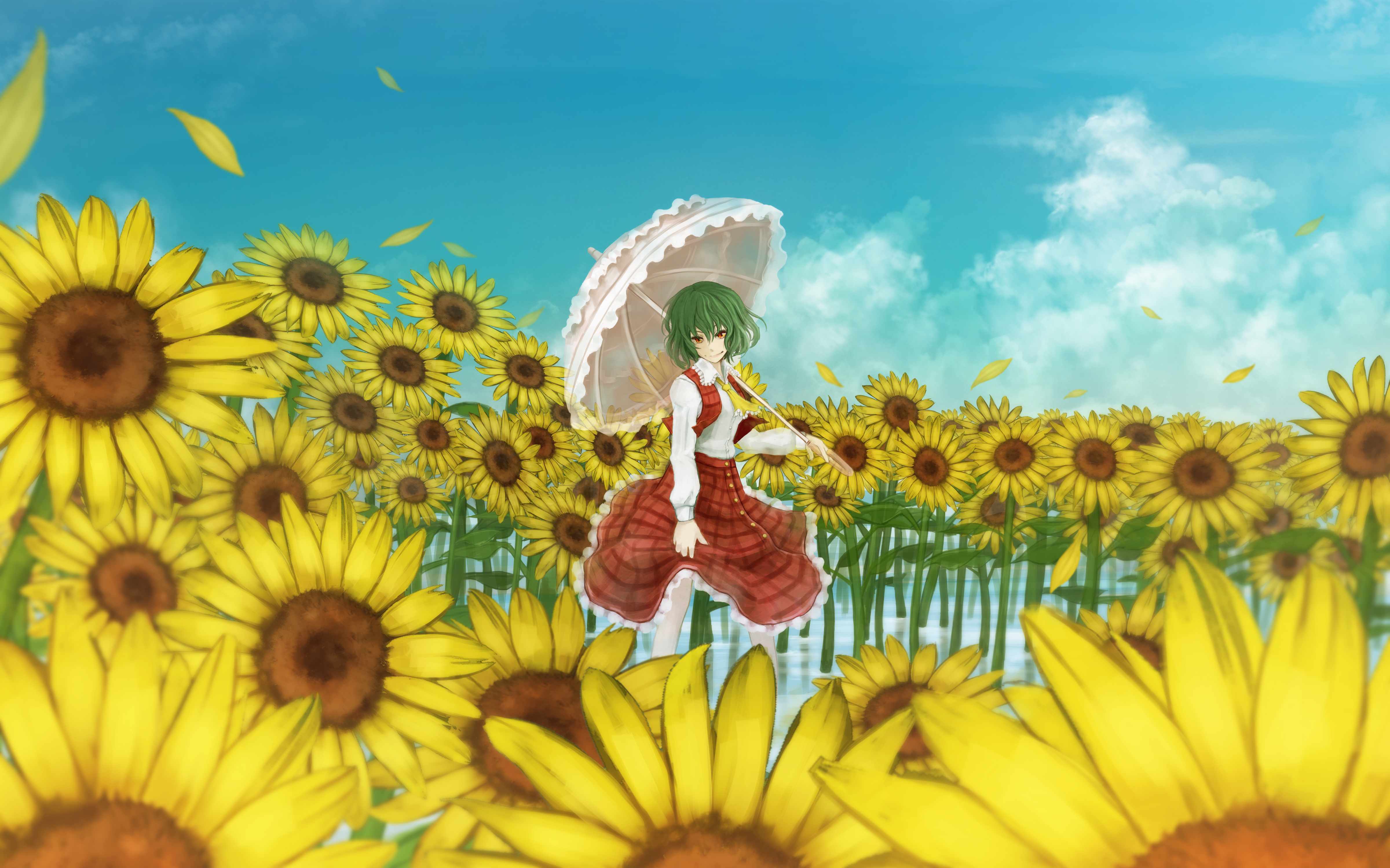 modama, kazami yuuka, touhou, absurdres, has bad revision, has downscaled revision, highres, md5 mismatch, resolution mismatch, source smaller, 1girl, ascot, cloud, day, female focus, field, flower, flower field, green hair, nature, parasol, petals, plaid clothes, plaid skirt, plaid vest, red eyes, short hair, skirt, skirt set, solo, sunflower, sunflower field, umbrella, vest, water
