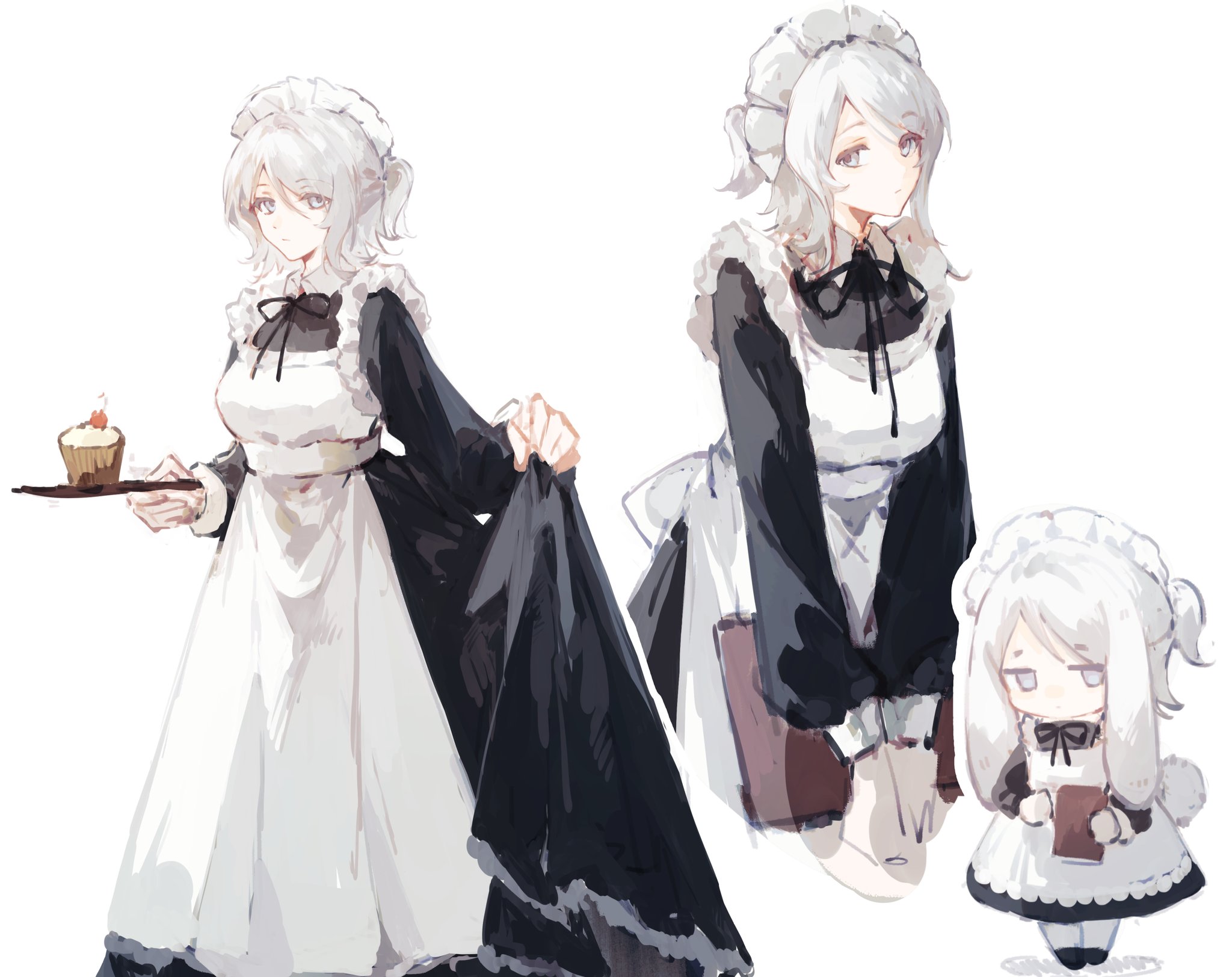 yuemiao, faust (project moon), limbus company, project moon, commentary request, highres, 1girl, animal ears, apron, black dress, black ribbon, blue eyes, closed mouth, dress, half updo, hand up, holding, holding tray, long sleeves, multiple views, neck ribbon, rabbit ears, rabbit tail, ribbon, simple background, tail, tray, upper body, white apron, white background