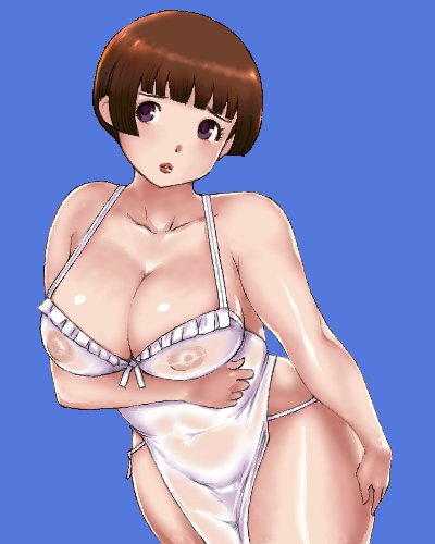 matoyama, lowres, 1girl, apron, blue background, blush, breasts, brown hair, cleavage, female focus, large breasts, lips, purple eyes, see-through clothes, short hair, solo