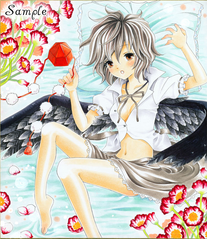 ayuayu (chisuke ayu), shameimaru aya, touhou, bad id, bad pixiv id, 1girl, barefoot, black hair, black wings, brown eyes, female focus, flower, hat, lying, navel, sample watermark, short hair, solo, tokin hat, watermark, wings