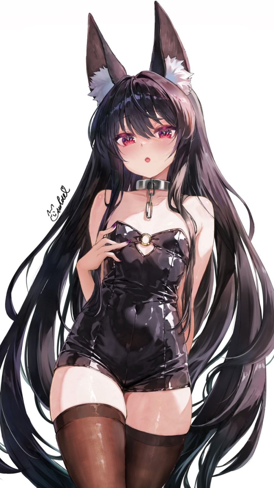 senri tsukuyomi, original, commentary request, highres, 1girl, :o, animal ears, black hair, black leotard, black thighhighs, collar, covered navel, flat chest, fox ears, fox girl, hand on own chest, leotard, long hair, looking at viewer, metal collar, o-ring, parted lips, red eyes, simple background, strapless, strapless leotard, thighhighs, very long hair, white background