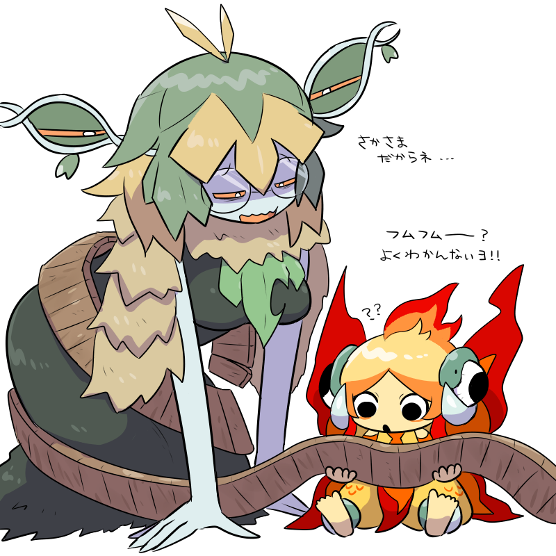 kasugai (de-tteiu), chi-yu (pokemon), wo-chien, nintendo, pokemon, translated, 2girls, age difference, dress, extra eyes, fiery hair, green dress, green hair, multicolored hair, multiple girls, onee-loli, orange eyes, orange hair, personification, reading, two-tone hair, wavy mouth, white background