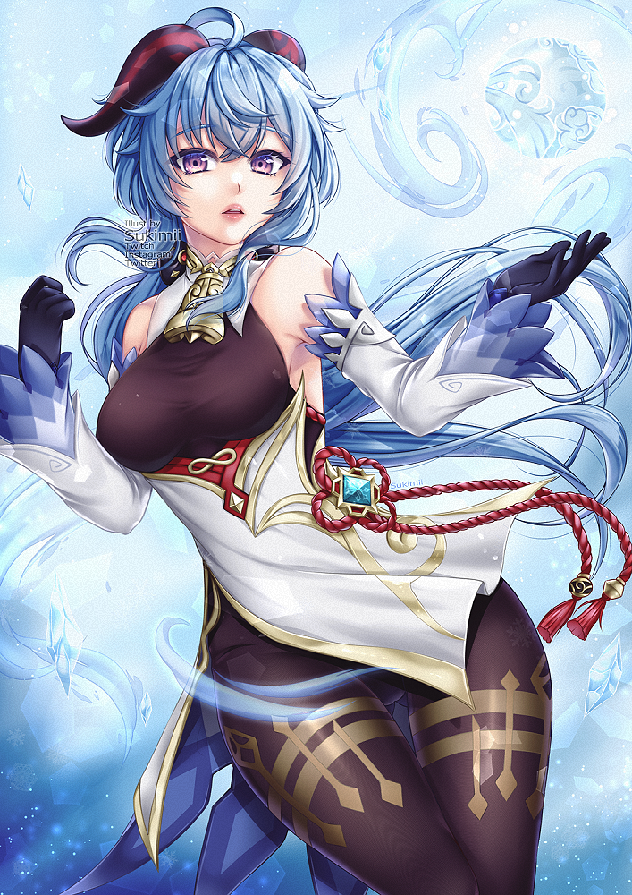 sukimii art, ganyu (genshin impact), genshin impact, commentary, english commentary, mixed-language commentary, 1girl, abstract background, ahoge, armpit peek, artist name, bare shoulders, bell, black gloves, black horns, blue background, blue hair, blue sleeves, bodystocking, breasts, brown bodystocking, cleavage, covered erect nipples, cowbell, cowboy shot, cryokinesis, detached sleeves, eyelashes, floating hair, gloves, gluteal fold, goat girl, goat horns, hair between eyes, hands up, horns, large breasts, long hair, looking at viewer, messy hair, multicolored horns, neck bell, pantyhose, parted lips, purple eyes, red horns, snowflakes, solo, tassel, teeth, thigh gap, two-tone horns, two-tone sleeves, upper teeth only, vision (genshin impact), watermark, white background, white sleeves