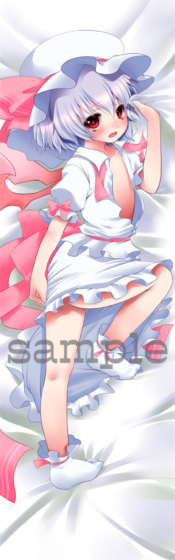 fujisaki hikari, remilia scarlet, touhou, long image, tall image, 1girl, bat wings, blue hair, blush, dakimakura (medium), female focus, full body, hat, red eyes, sample watermark, short hair, solo, watermark, wings