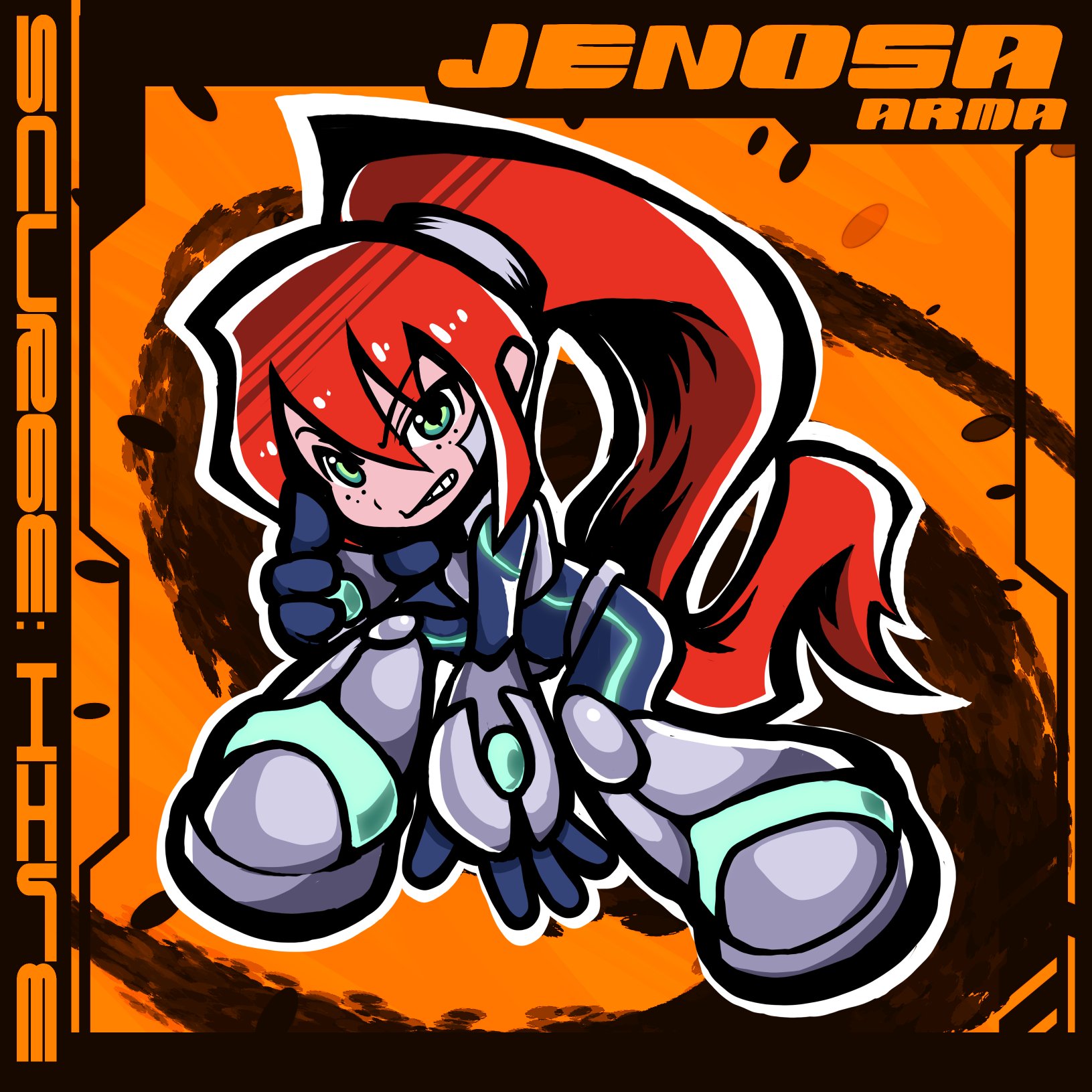 commentary, english commentary, highres, 1girl, bodysuit, character name, chibi, chibi only, clenched teeth, copyright name, cubellia, freckles, green eyes, hair between eyes, high ponytail, jenosa arma, long hair, looking at viewer, ponytail, red hair, scurge: hive, solo, teeth, very long hair