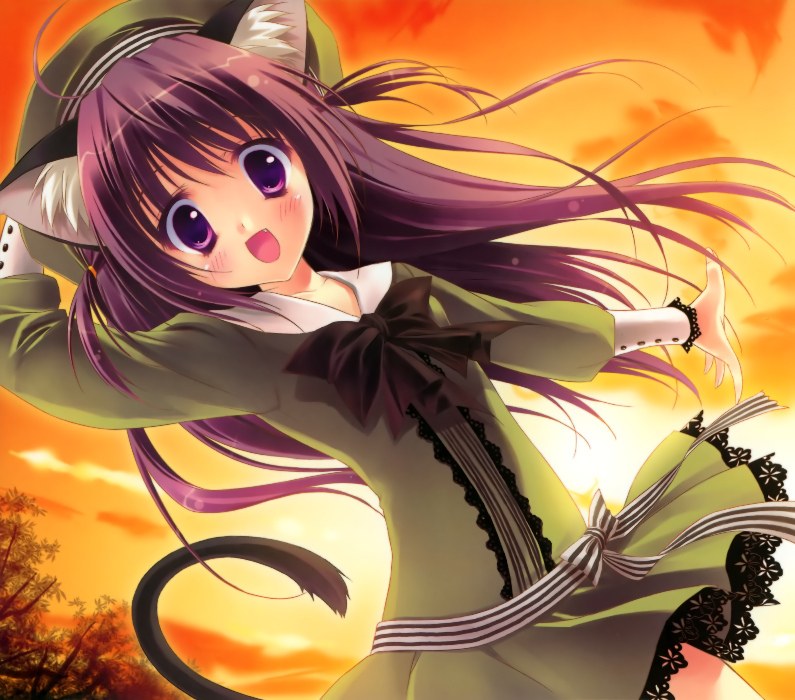 ryouka (suzuya), original, absurdres, highres, 1girl, :d, ahoge, animal ears, bow, cat ears, cat tail, dress, dusk, fang, female focus, green dress, hat, lace, large bow, long hair, looking at viewer, open mouth, outdoors, purple eyes, purple hair, ribbon, sky, smile, solo, striped ribbon, tail, tareme, tree