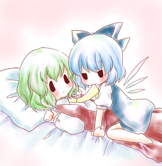 kuromame (8gou), cirno, kazami yuuka, touhou, bad id, bad pixiv id, 2girls, :>, ascot, bed sheet, blue hair, bow, dress, girl on top, green hair, hair bow, lying, mouth hold, multiple girls, naughty face, on back, pillow, short hair, skirt, skirt set, vest, wings, yuri, | |