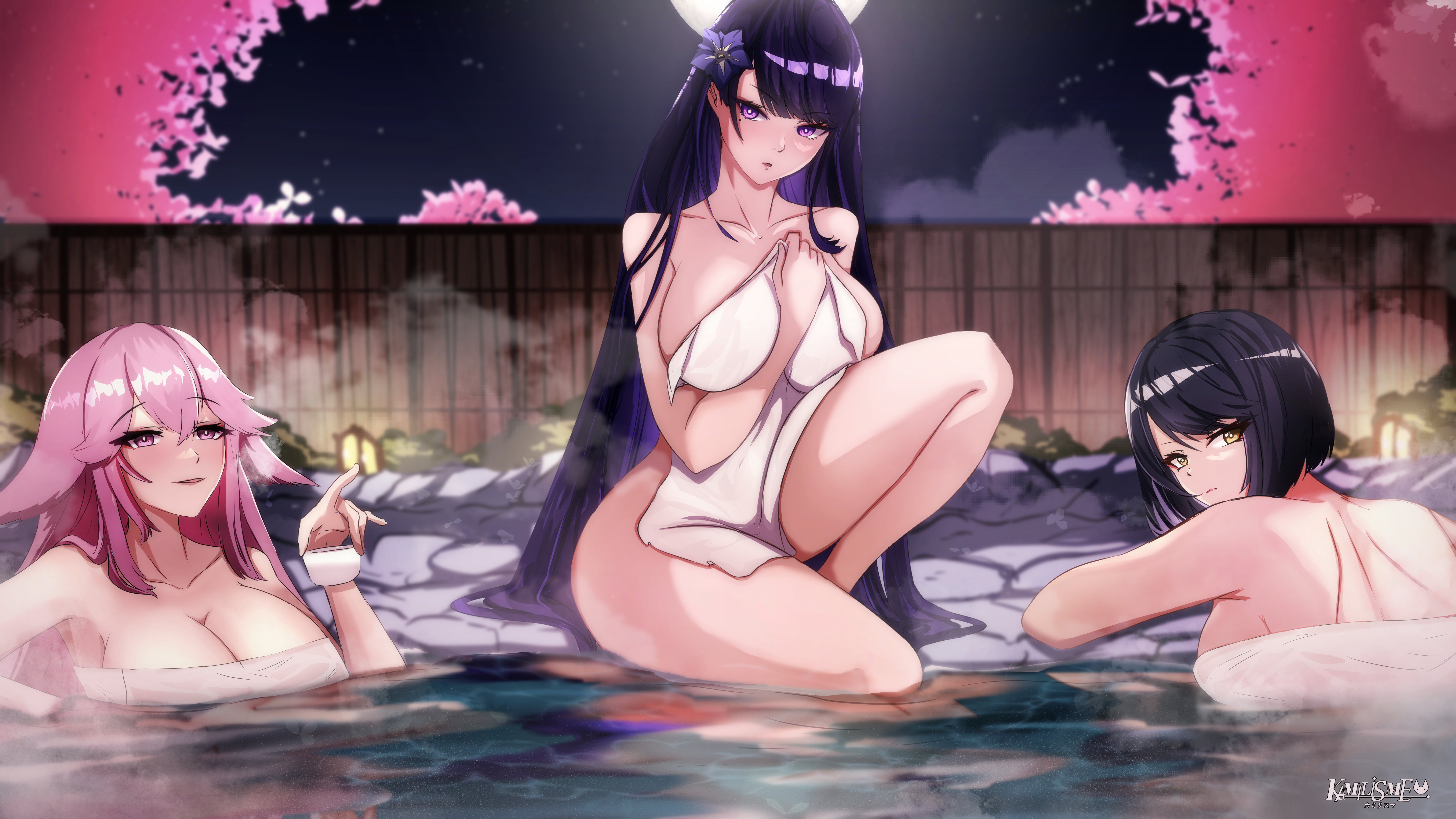 kamilisme, kujou sara, raiden shogun, yae miko, genshin impact, absurdres, commentary, english commentary, highres, mixed-language commentary, 3girls, animal ears, back, bare shoulders, black hair, blunt bangs, blush, breasts, cleavage, collarbone, flower ornament, fox ears, fox girl, from behind, hair between eyes, hair down, hair ornament, huge breasts, leaning back, leaning forward, long hair, moon, multiple girls, night, nude, on one knee, onsen, open mouth, pink hair, purple eyes, purple hair, reflection, short hair, sideboob, swept bangs, thick thighs, thighs, towel, water, yellow eyes