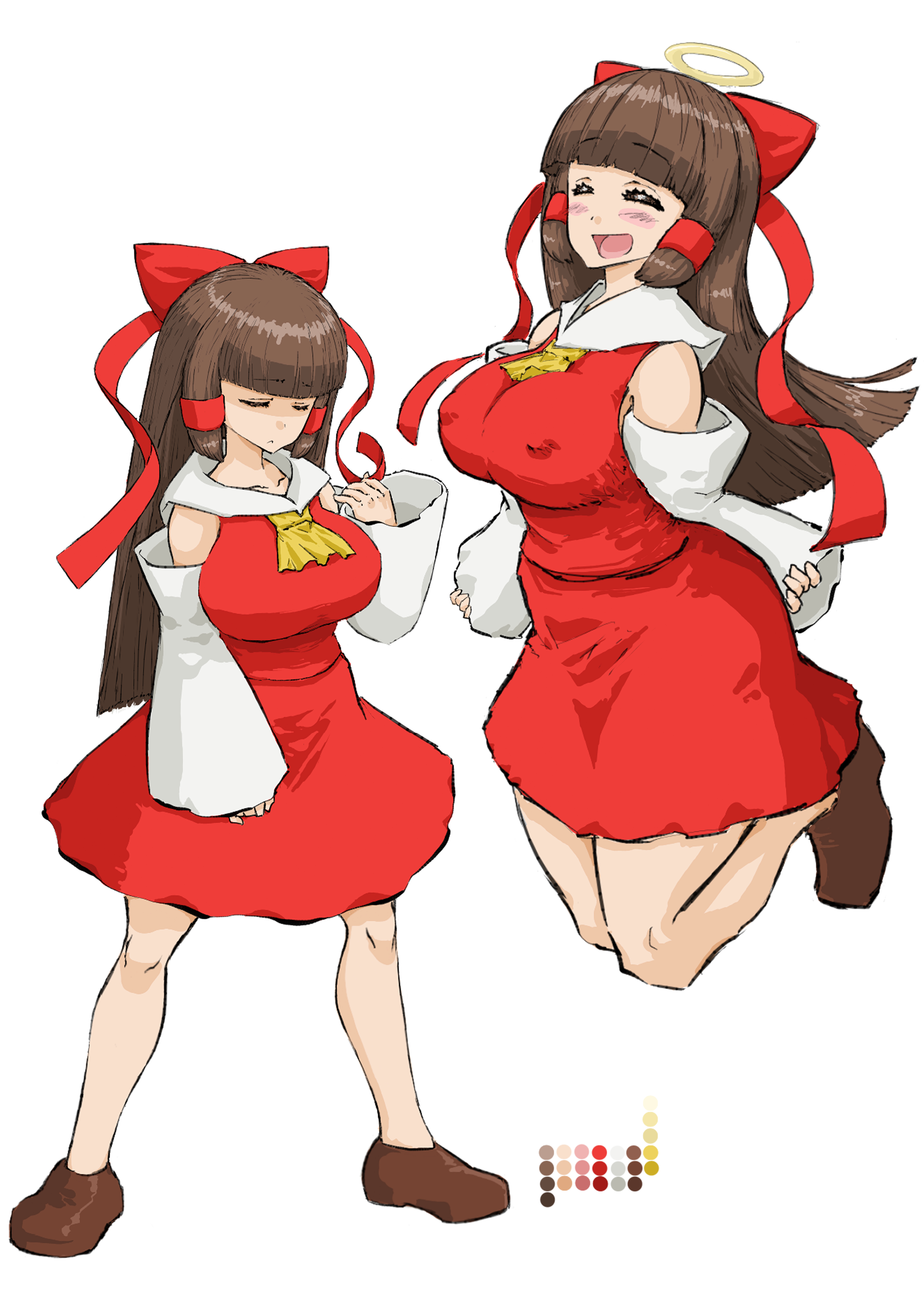 veerecursion, hakurei reimu, yamasaka aimi, cookie (touhou), touhou, absurdres, commentary request, highres, 1girl, blunt bangs, bow, breasts, brown hair, brown shoes, closed eyes, closed mouth, color guide, covered erect nipples, detached sleeves, dress, floating, hair bow, halo, japanese clothes, large breasts, long hair, miko, multiple views, red bow, red dress, shoes, sidelocks, simple background, smile, white background