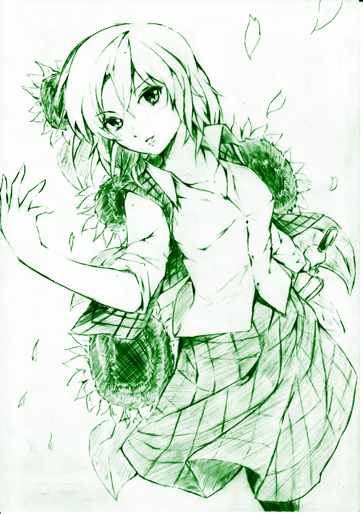 vent arbre, kazami yuuka, touhou, 1girl, closed umbrella, female focus, flower, green theme, lying, monochrome, on back, pantyhose, petals, plaid clothes, plaid skirt, plaid vest, short hair, skirt, skirt set, slit pupils, solo, sunflower, umbrella, vest