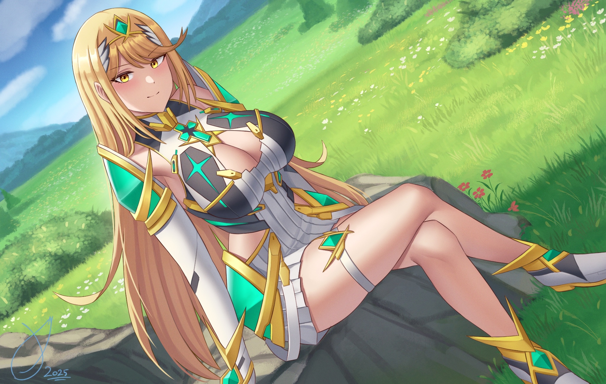 ghonky, mythra (xenoblade), xenoblade chronicles (series), xenoblade chronicles 2, highres, 1girl, aegis sword (xenoblade), bare shoulders, blonde hair, blush, breasts, chest jewel, cleavage, cleavage cutout, closed mouth, clothing cutout, crossed legs, large breasts, signature, sitting, smile, solo, sword, tiara, weapon, yellow eyes