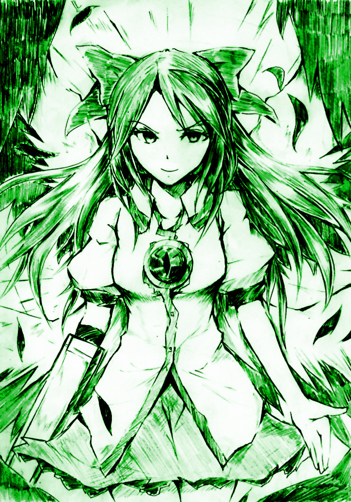 vent arbre, reiuji utsuho, touhou, traditional media, 1girl, arm cannon, feathers, female focus, green background, green theme, monochrome, solo, weapon, wings