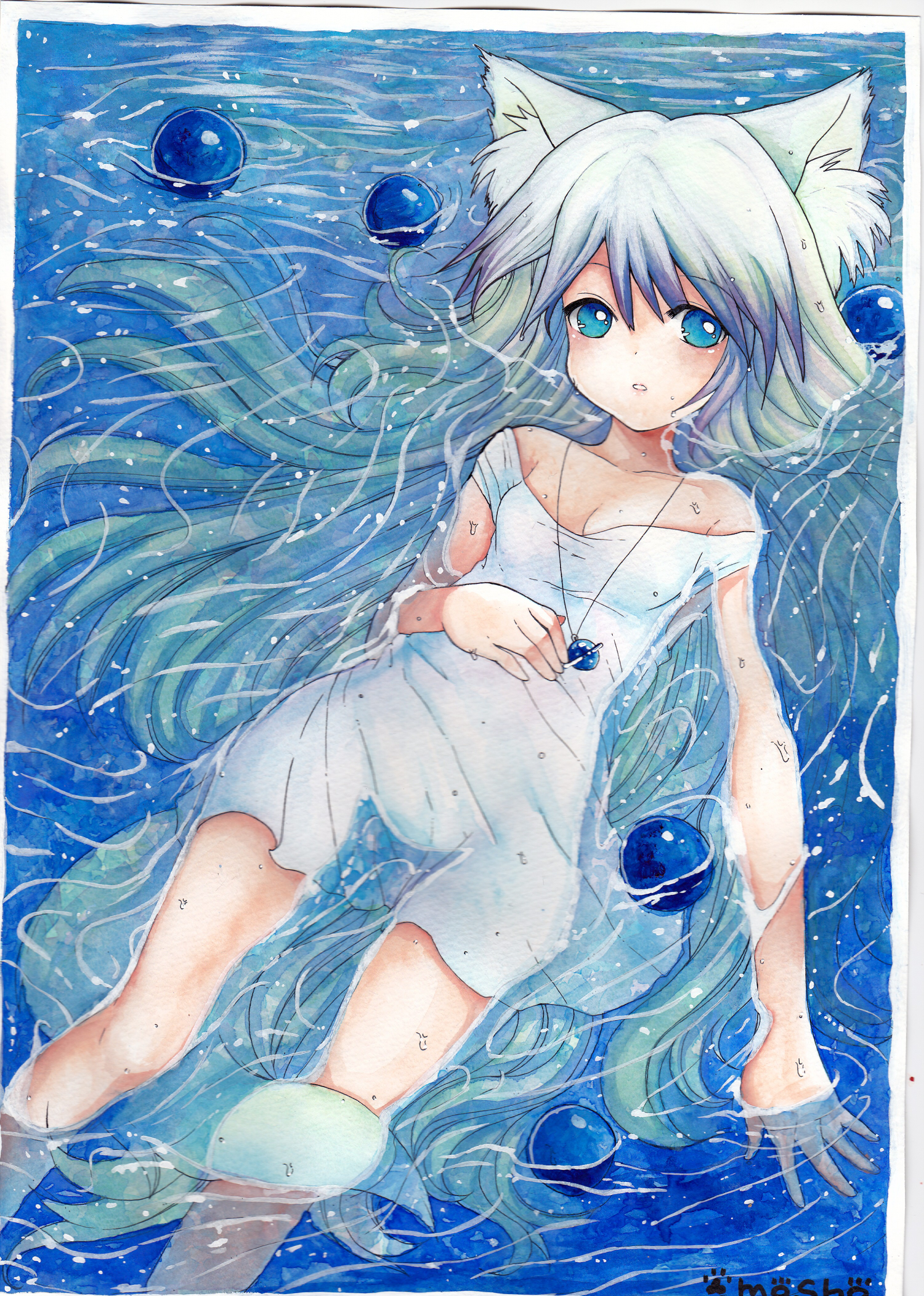 mosho, bad id, bad pixiv id, highres, painting (medium), traditional media, watercolor (medium), 1girl, animal ears, aqua hair, blue eyes, blush, breasts, cleavage, female focus, flat chest, jewelry, long hair, lying, necklace, signature, solo, very long hair, water