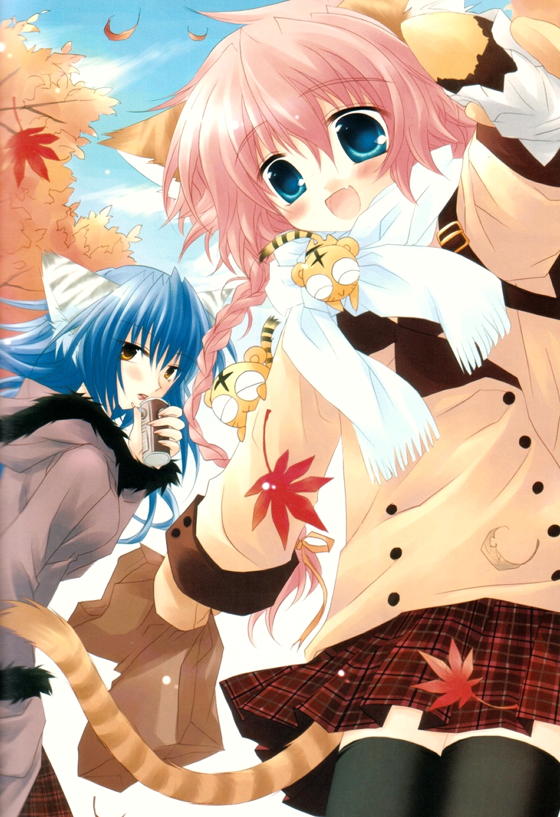 sakurazawa izumi, highres, 2girls, animal ears, black thighhighs, blue eyes, blue hair, blush, cat ears, cat tail, coat, day, fang, jacket, leaf, long hair, maple leaf, multiple girls, outdoors, pink hair, ribbon, short hair, soda, tail, thighhighs, zettai ryouiki