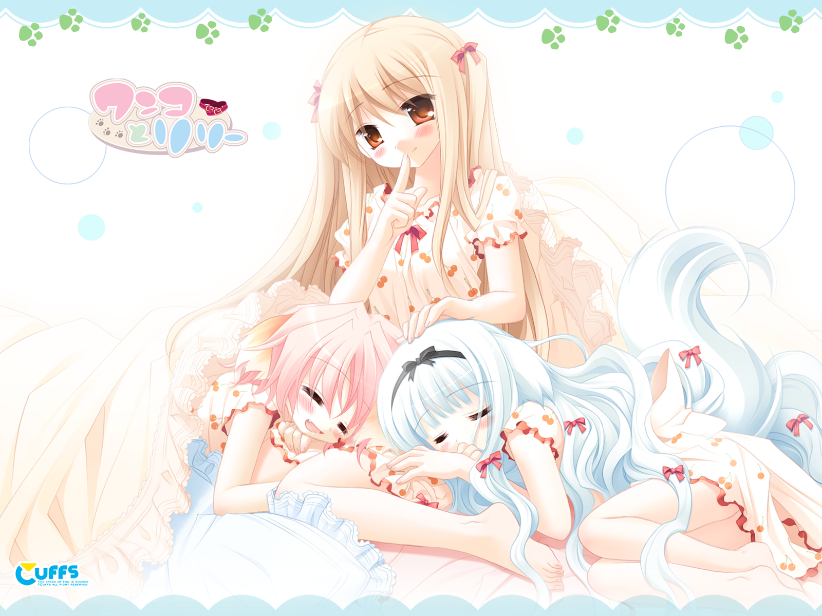 sakurazawa izumi, lily (wanko to lily), touko (wanko to lily), wanko, wanko (wanko to lily), wanko to lily, highres, 3girls, = =, animal ears, barefoot, blanket, blonde hair, blush, child, closed eyes, dog ears, dog tail, dress, fang, feet, finger to mouth, hair ribbon, lap pillow, long hair, lying, multiple girls, orange eyes, paw print, pink hair, ribbon, sleeping, smile, tail, very long hair, white hair