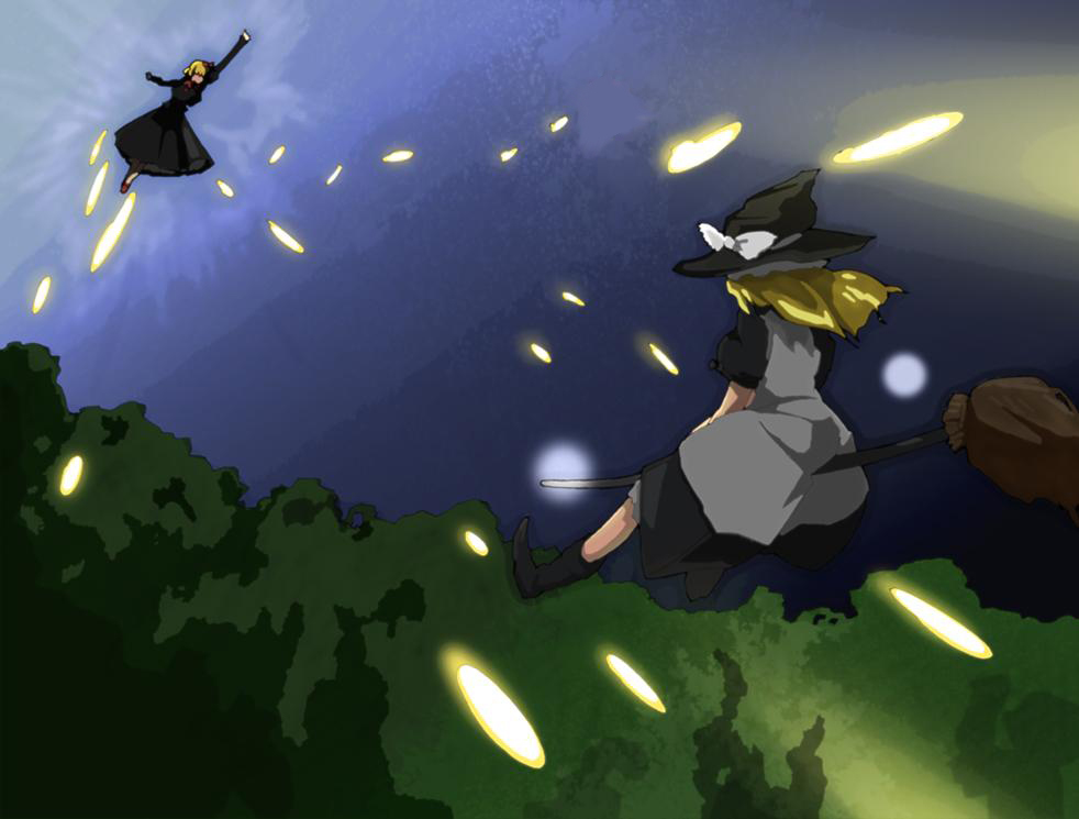 akkii, kirisame marisa, rumia, embodiment of scarlet devil, touhou, 2girls, battle, blonde hair, broom, broom riding, danmaku, female focus, hat, multiple girls, nature, outdoors, plant, red eyes, sky