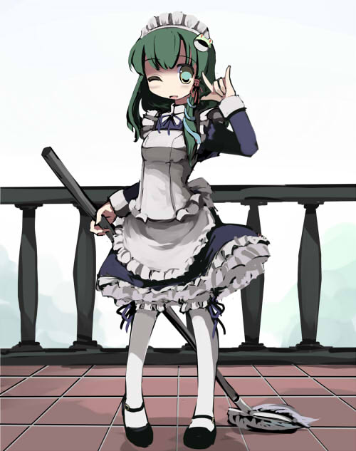 gatau, kochiya sanae, touhou, 1girl, m/, alternate costume, enmaided, female focus, frog, full body, green eyes, green hair, hair ornament, maid, matching hair/eyes, mop, one eye closed, outdoors, pantyhose, short hair, snake, solo, wink