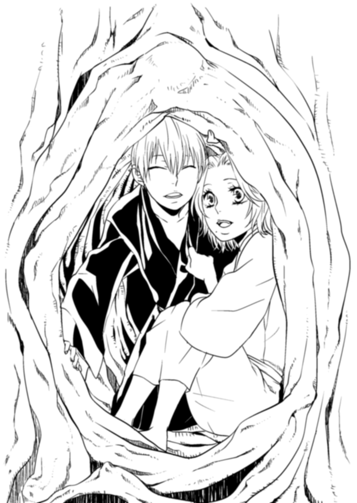 hana (interstice), ichimaru gin, matsumoto rangiku, bleach, commentary request, 1boy, 1girl, aged down, barefoot, closed eyes, greyscale, in tree, mole, mole under mouth, monochrome, open mouth, robe, short hair, sitting, sitting in tree, smile, thick lips, tree