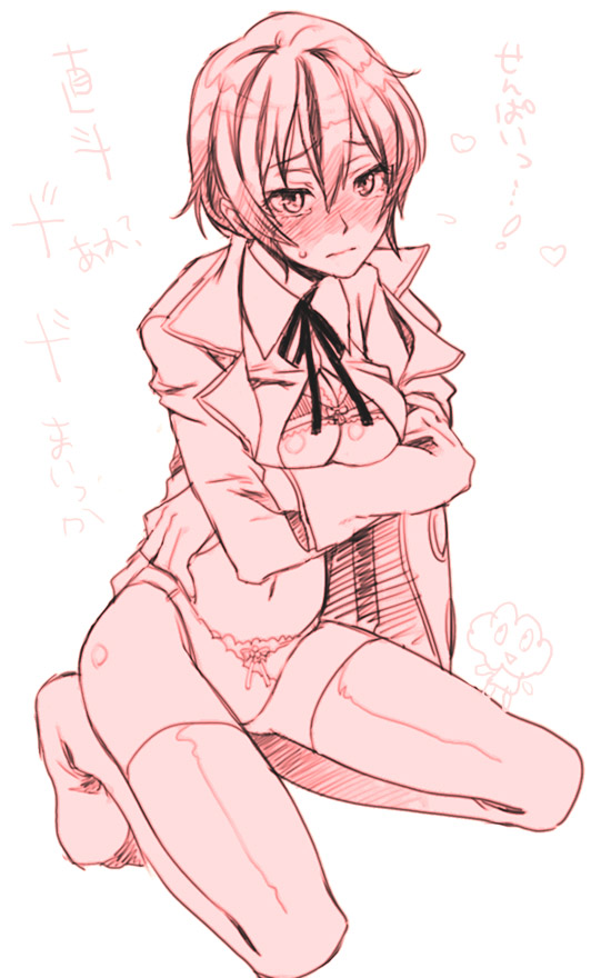 kumonosuke, shirogane naoto, atlus, persona, persona 4, 1girl, blush, bottomless, bra, breast rest, breasts, female focus, large breasts, lingerie, monochrome, navel, no pants, open clothes, open shirt, panties, shirt, short hair, solo, thighhighs, underwear