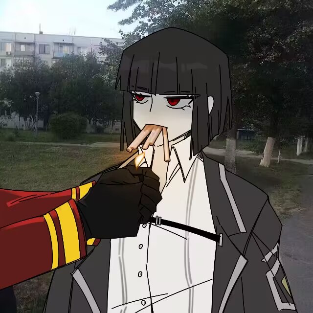 dante (limbus company), ryoshu (project moon), limbus company, project moon, chinese commentary, commentary request, 1girl, 1other, black coat, black gloves, black hair, bob cut, coat, collared shirt, gloves, lapels, notched lapels, outdoors, photo background, red coat, red eyes, sang39001775, shirt, short hair, smoke, smoking, white shirt