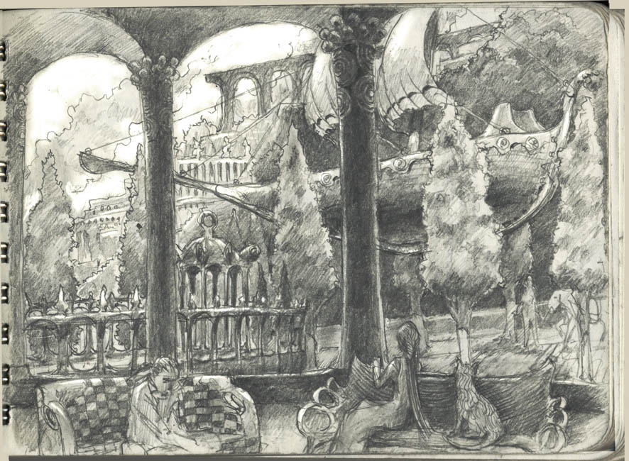original, chinese commentary, commentary request, graphite (medium), traditional media, aiai (tsukamot73), aircraft, airship, boat, colonnade, column, greyscale, monochrome, on bench, outdoors, people, pillar, sailboat, scenery, sitting, tree, watercraft