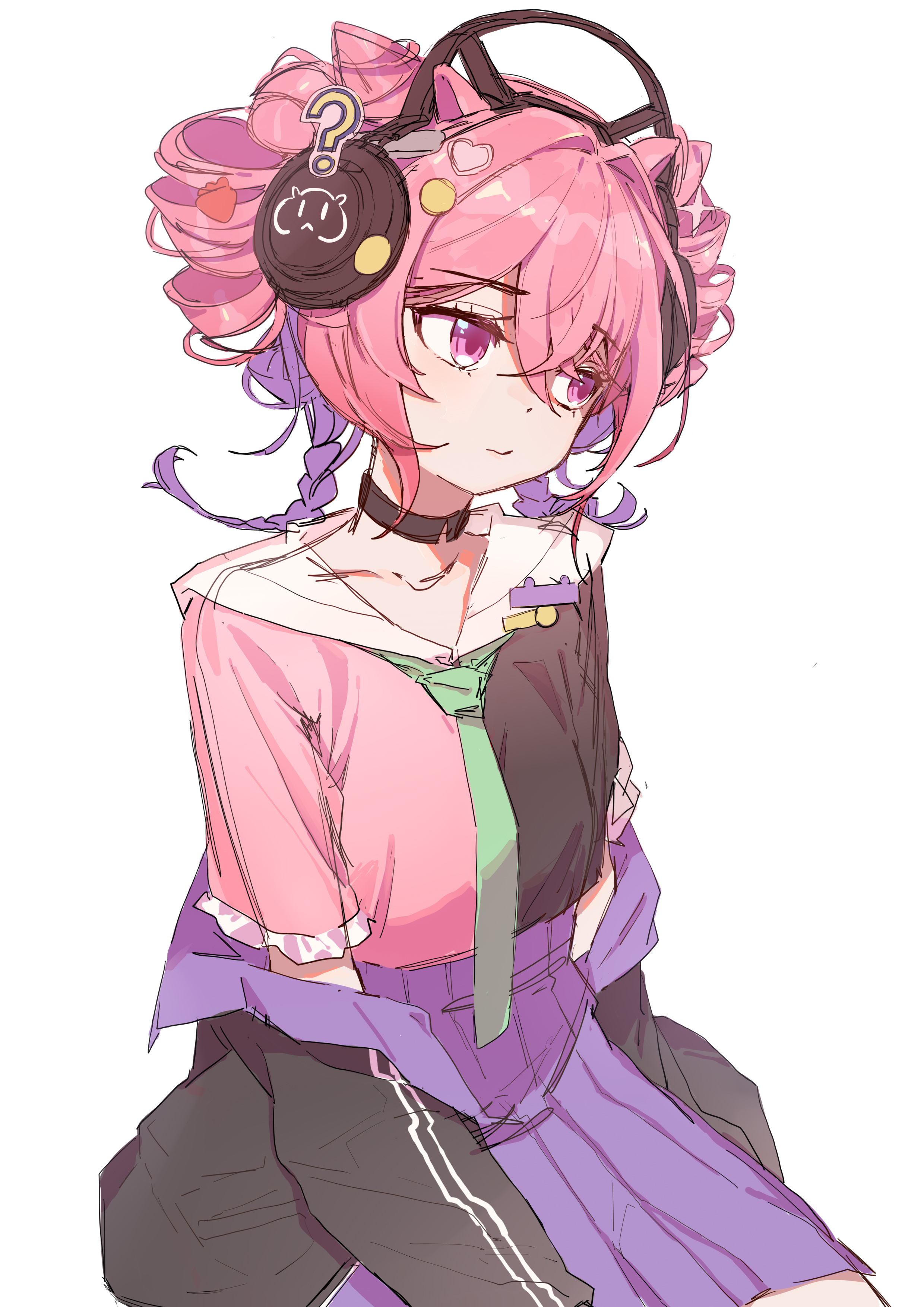 sao7, u-official (arknights), arknights, absurdres, commentary request, highres, 1girl, ?, animal ears, aqua necktie, badge, black choker, black jacket, black shirt, braid, choker, closed mouth, collarbone, cone hair bun, crossed bangs, drill hair, green necktie, hair between eyes, hair bun, hair ornament, headphones, heart, heart hair ornament, jacket, jacket partially removed, long sleeves, looking to the side, multicolored hair, multicolored jacket, necktie, off shoulder, open clothes, open jacket, pink eyes, pink hair, pink shirt, pleated skirt, purple hair, purple skirt, shirt, short sleeves, simple background, sitting, sketch, skirt, solo, twin braids, twin drills, twintails, two-tone hair, two-tone shirt, white background