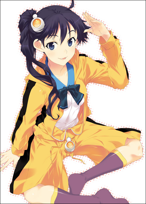 mizuki makoto, araragi karen, bakemonogatari, monogatari (series), 00s, 1girl, asymmetrical hair, black hair, bow, female focus, hood, hooded track jacket, jacket, salute, side ponytail, sitting, smile, socks, solo, track jacket