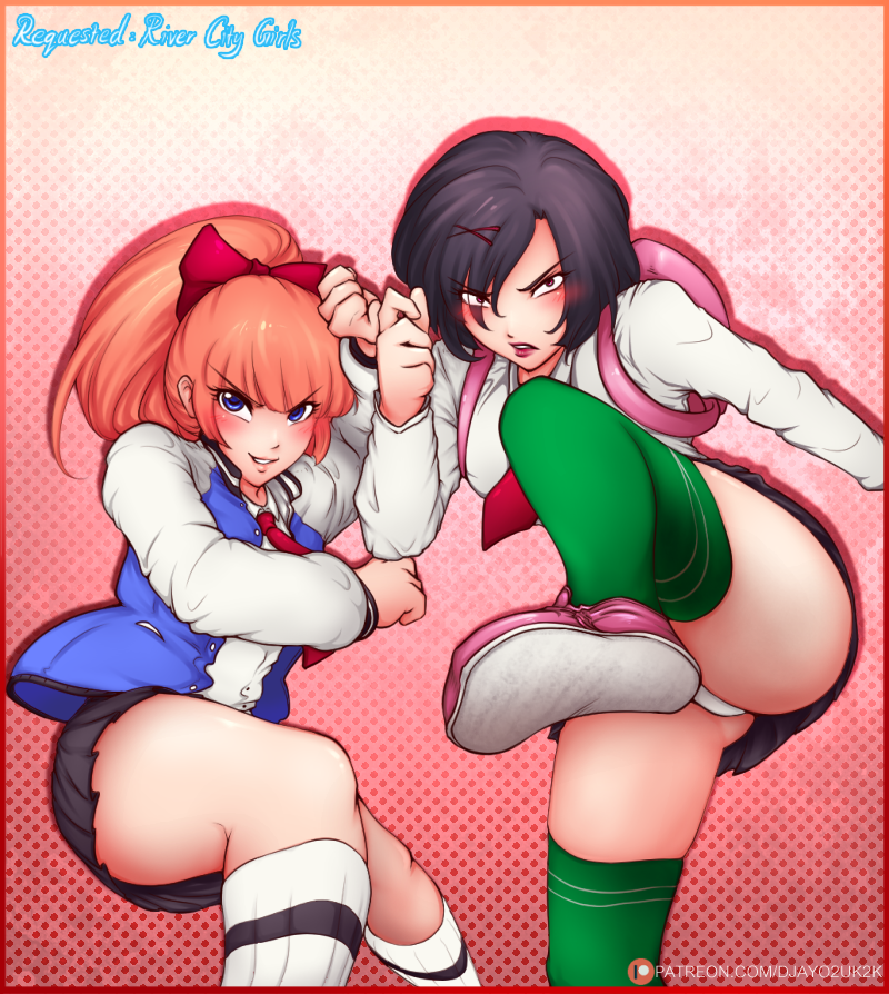 djayo, kyoko (kunio-kun), misako (kunio-kun), kunio-kun series, river city girls, 2girls, ass, backpack, bag, black hair, blue eyes, blush, breasts, fighting stance, jacket, large breasts, lips, long hair, long sleeves, multiple girls, necktie, orange hair, panties, polka dot, polka dot background, ponytail, shoes, short hair, skirt, socks, teeth, thick thighs, thighs, underwear