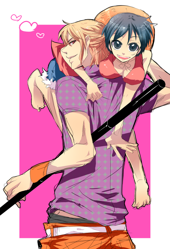 komo (shikabane-n), luffyko, monkey d. luffy, nami (one piece), one piece, 1boy, 1girl, barefoot, carrying, carrying over shoulder, denim, denim shorts, feet, genderswap, genderswap (ftm), genderswap (mtf), hat, shirt, short hair, shorts, sketch, smile, staff, straw hat, sweatband, unmoving pattern