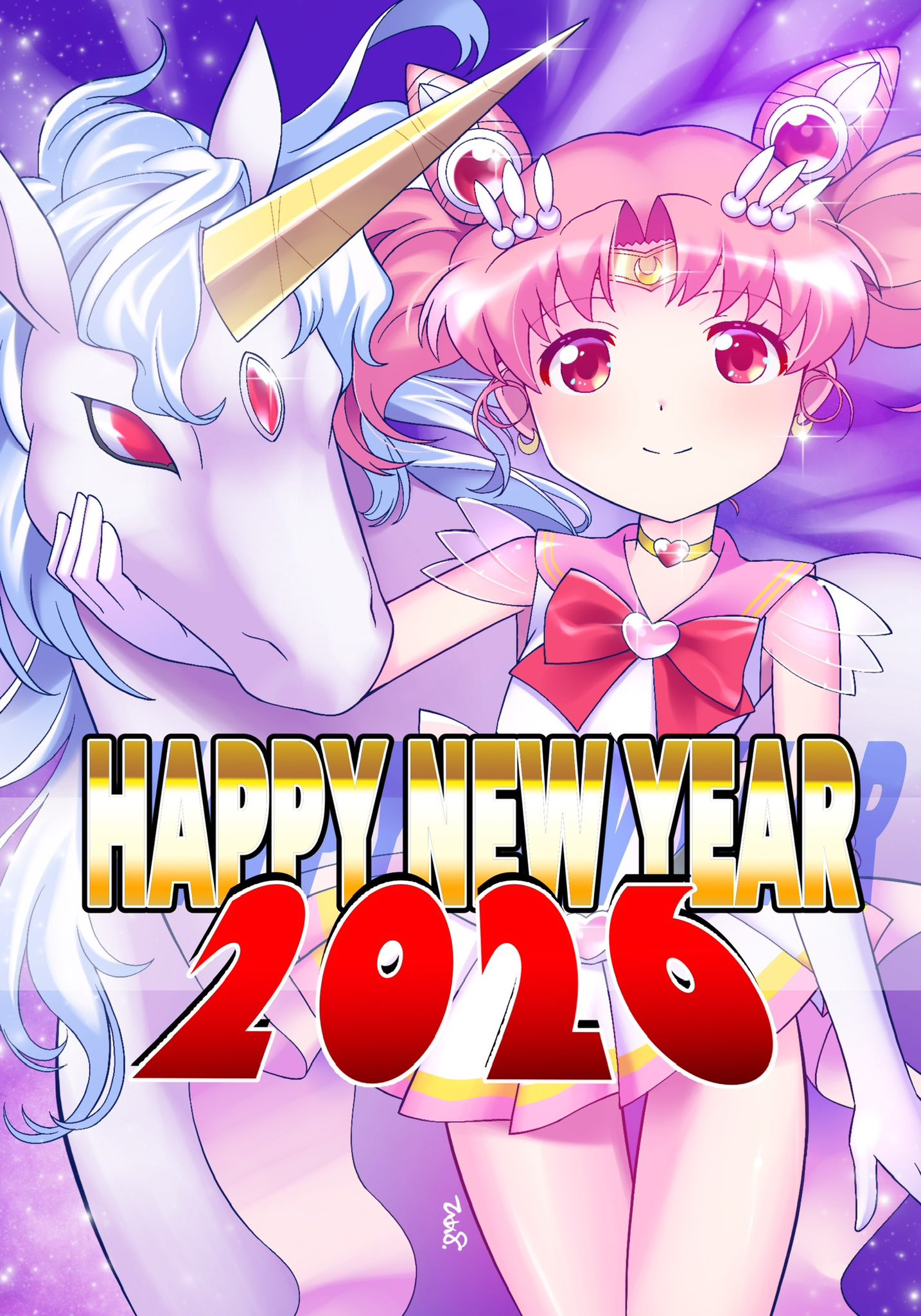 himehachi (hime8manga), chibi usa, helios (sailor moon), sailor chibi moon, super sailor chibi moon, bishoujo senshi sailor moon, bishoujo senshi sailor moon supers, commentary request, highres, 1girl, 2026, brooch, choker, cone hair bun, double bun, elbow gloves, gloves, hair bun, hair ornament, happy new year, heart, heart brooch, heart choker, jewelry, long hair, multicolored skirt, new year, pink hair, pink sailor collar, sailor collar, sailor senshi uniform, skirt, smile, twintails, unicorn, white gloves