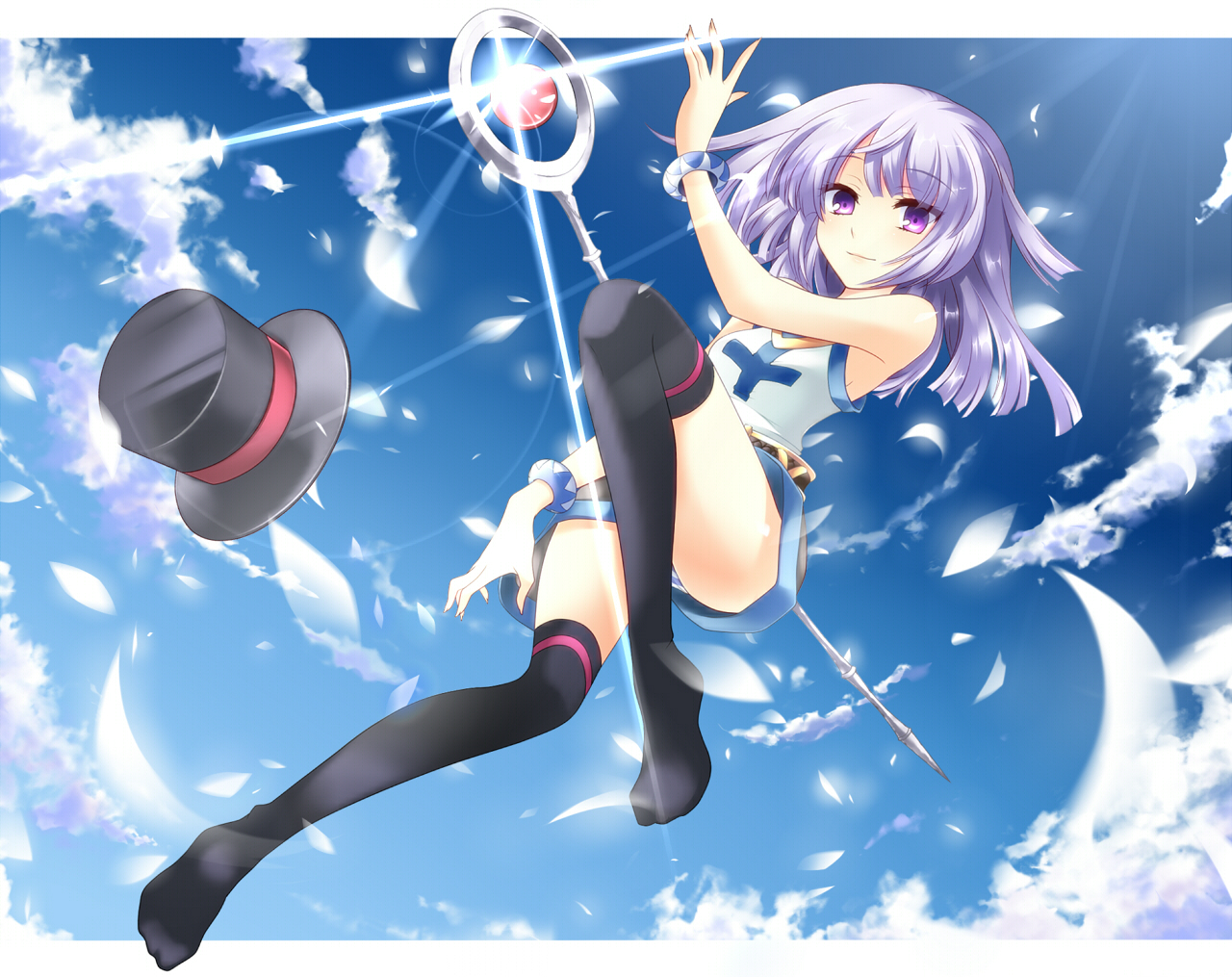 hoshineko (kiraneko), super novice (ragnarok online), virgilia (umineko), ragnarok online, umineko no naku koro ni, bad id, bad pixiv id, 1girl, ahoge, cloud, cosplay, day, female focus, hat, jewelry, purple eyes, purple hair, sky, smile, solo, staff, thighhighs