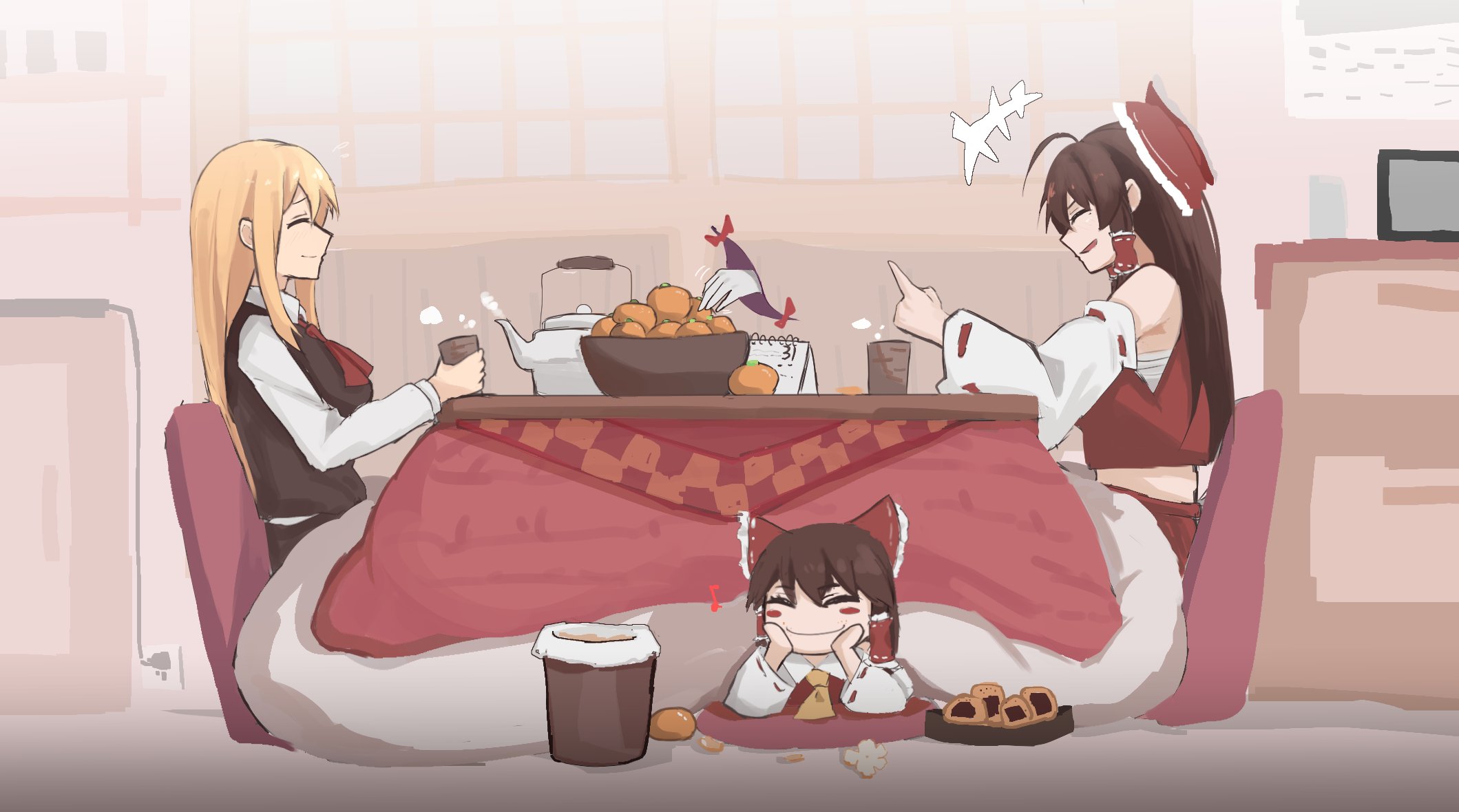 jager, ex-rumia, hakurei reimu, rumia, sendai hakurei no miko, yakumo yukari, touhou, commentary, highres, black skirt, black vest, blonde hair, bow, brown hair, calendar (object), chest sarashi, closed eyes, closed mouth, cookie, cup, detached sleeves, food, from side, fruit, gap (touhou), gloves, hair tubes, head rest, holding, holding cup, indoors, kotatsu, long hair, long sleeves, mandarin orange, osana reimu, parted lips, red bow, red shirt, red skirt, sarashi, shirt, skirt, sleeveless, sleeveless shirt, smile, table, teapot, under kotatsu, under table, vest, white gloves, white shirt