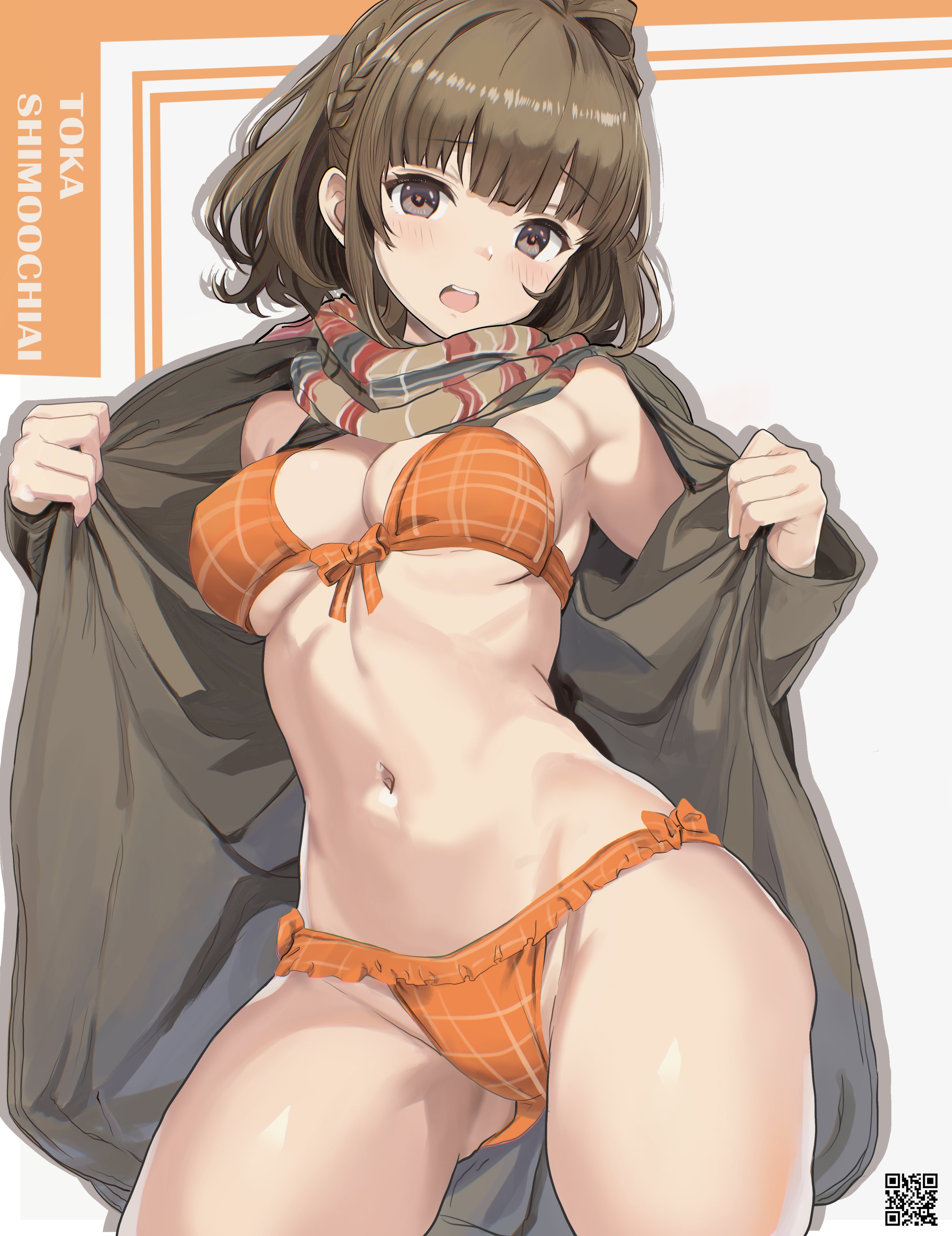 airport96, shimoochiai touka, alice gear aegis, absurdres, commentary request, highres, 1girl, bikini, bikini under clothes, blush, braid, breasts, brown eyes, brown hair, english text, front-tie bikini top, front-tie top, jacket, large breasts, looking at viewer, medium breasts, medium hair, navel, open clothes, open jacket, open mouth, plaid bikini, plaid clothes, plaid scarf, scarf, simple background, smile, solo, swimsuit, white background