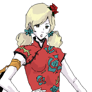 rika (artist), ursula leiden, final fantasy, final fantasy iv, final fantasy iv: the after years, lowres, 1990s (style), 1girl, blonde hair, china dress, chinese clothes, double bun, dress, female focus, flower, hair bun, hair ornament, long hair, retro artstyle, simple background, solo, white background, yellow eyes