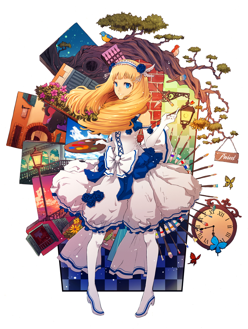 ochakai shin'ya, oekaki musume, original, bad id, bad pixiv id, 1girl, art brush, blonde hair, blue eyes, boots, clock, dress, elbow gloves, female focus, gloves, long hair, paint, paint palette, paintbrush, painting (action), painting (object), pigeon-toed, solo, thigh boots, thighhighs, white thighhighs