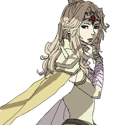 rika (artist), rosa farrell, final fantasy, final fantasy iv, lowres, 1990s (style), 1girl, blonde hair, bridal gauntlets, cape, female focus, green eyes, long hair, retro artstyle, shoulder pads, simple background, solo, tiara, white background