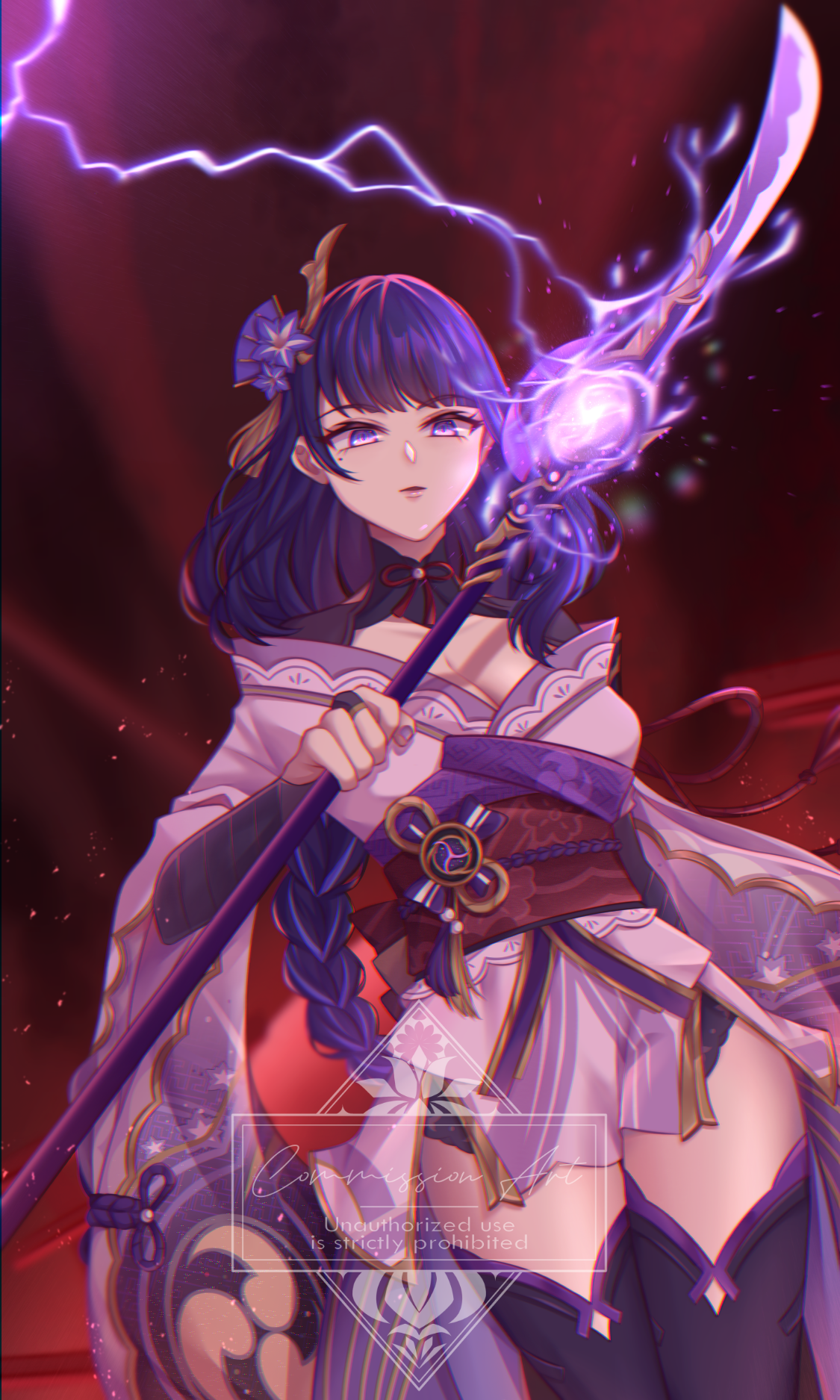 raiden shogun, genshin impact, commentary, commission, english commentary, highres, mixed-language commentary, 1girl, blueiris 099, blunt bangs, blurry, braid, breasts, bridal gauntlets, cleavage, clothing cutout, collarbone, depth of field, electricity, fan hair ornament, glowing, glowing weapon, hair ornament, holding, holding polearm, holding weapon, japanese clothes, kimono, large breasts, light particles, lingerie, long braid, looking at viewer, looking down, mole, mole under eye, multicolored hair, neck ribbon, off shoulder, open mouth, polearm, purple eyes, purple hair, purple kimono, purple thighhighs, red background, red ribbon, red sash, red sky, ribbon, sash, shade, shoulder cutout, single braid, sky, solo, streaked hair, thighhighs, underwear, watermark, weapon