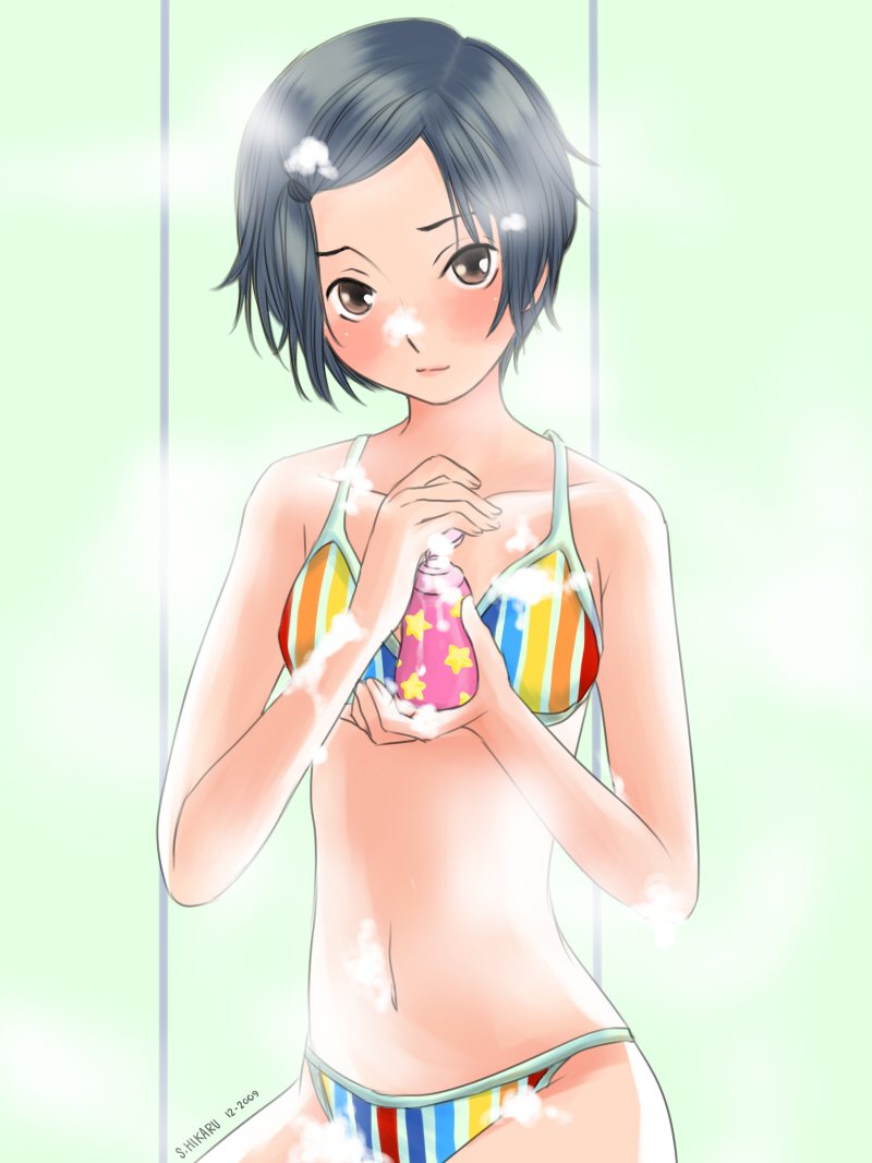 s. hikaru, kobayakawa rinko, love plus, 1girl, bathing, bikini, black hair, blush, bottle, breasts, brown eyes, cowboy shot, dated, female focus, foam, holding, light smile, looking at viewer, lotion, multicolored bikini, multicolored stripes, navel, rainbow order, scrunchie, short hair, signature, skinny, small breasts, smile, soap, soap bubbles, solo, star (symbol), star print, steam, striped bikini, striped clothes, swept bangs, swimsuit, vertical-striped bikini, vertical-striped clothes