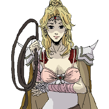 rika (artist), rosa farrell, final fantasy, final fantasy iv, lowres, 1990s (style), 1girl, blonde hair, bridal gauntlets, cape, earrings, female focus, green eyes, jewelry, leotard, long hair, retro artstyle, shoulder pads, simple background, solo, tiara, whip, white background
