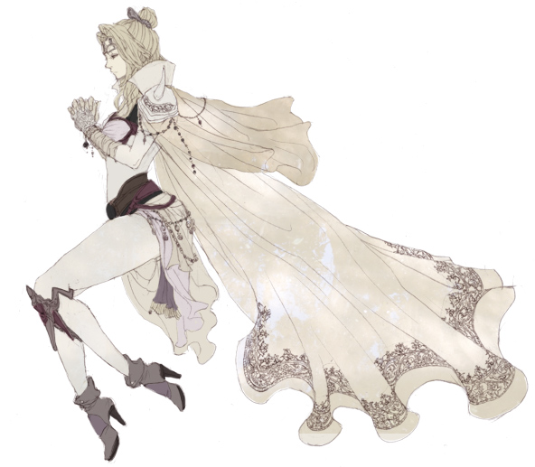 rika (artist), rosa farrell, final fantasy, final fantasy iv, 1990s (style), 1girl, blonde hair, boots, cape, closed eyes, female focus, full body, hair ornament, high heels, long hair, pantyhose, retro artstyle, shoes, shoulder pads, simple background, solo, tiara, white background
