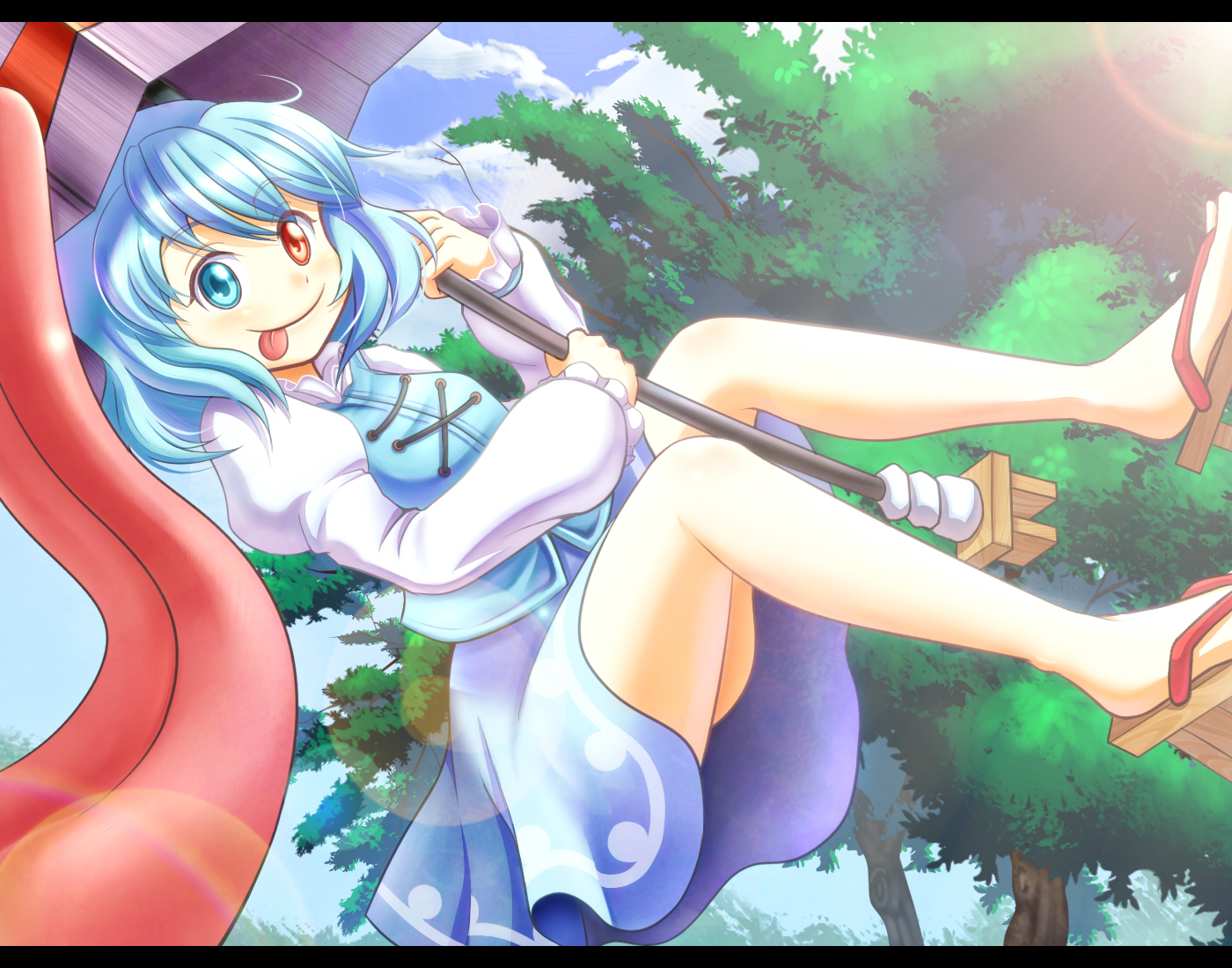 qontamblue, tatara kogasa, touhou, 1girl, :p, blue eyes, blue hair, female focus, geta, heterochromia, karakasa obake, lens flare, letterboxed, matching hair/eyes, red eyes, sandals, short hair, solo, tongue, tongue out, umbrella