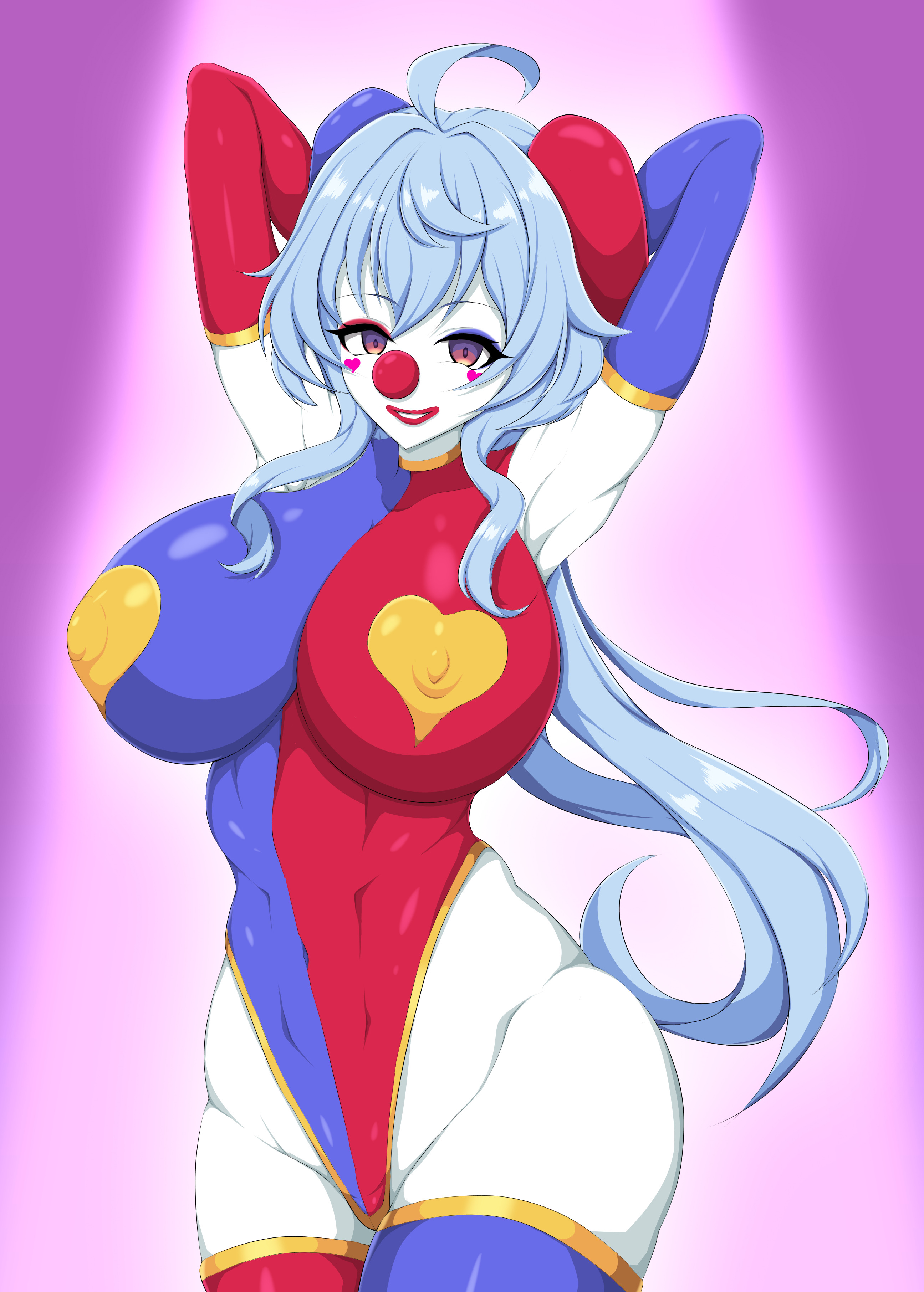 gdgdxd96, ganyu (genshin impact), genshin impact, absurdres, commentary request, highres, ahoge, arms behind head, arms up, blue eyeshadow, blue hair, clown, clown makeup, clown nose, covered erect nipples, covered navel, elbow gloves, eyeshadow, facial mark, gloves, goat horns, groin, heart, heart facial mark, horns, impossible clothes, impossible leotard, leotard, looking at viewer, makeup, multicolored leotard, red eyes, red eyeshadow, red lips, skin tight, smile, two-tone leotard