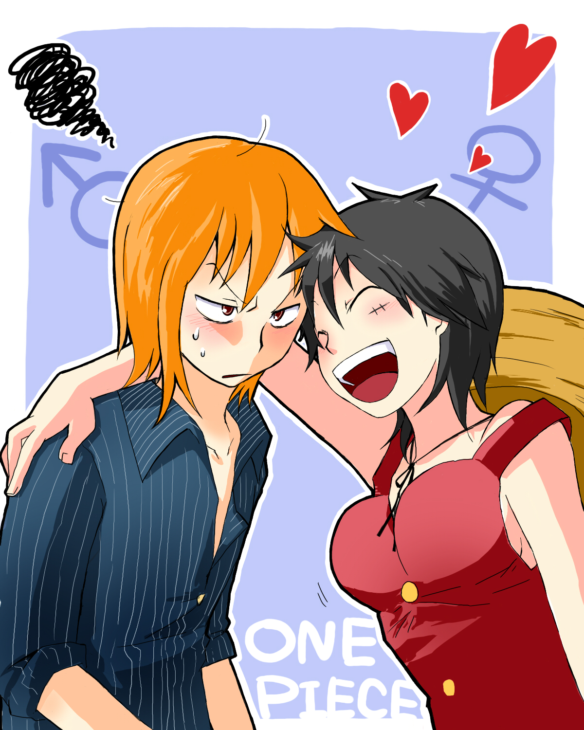 zakkubaran, luffyko, monkey d. luffy, nami (one piece), one piece, highres, 1boy, 1girl, black hair, copyright name, genderswap, genderswap (ftm), genderswap (mtf), hat, heart, laughing, mars symbol, open mouth, orange hair, scar, short hair, straw hat, venus symbol