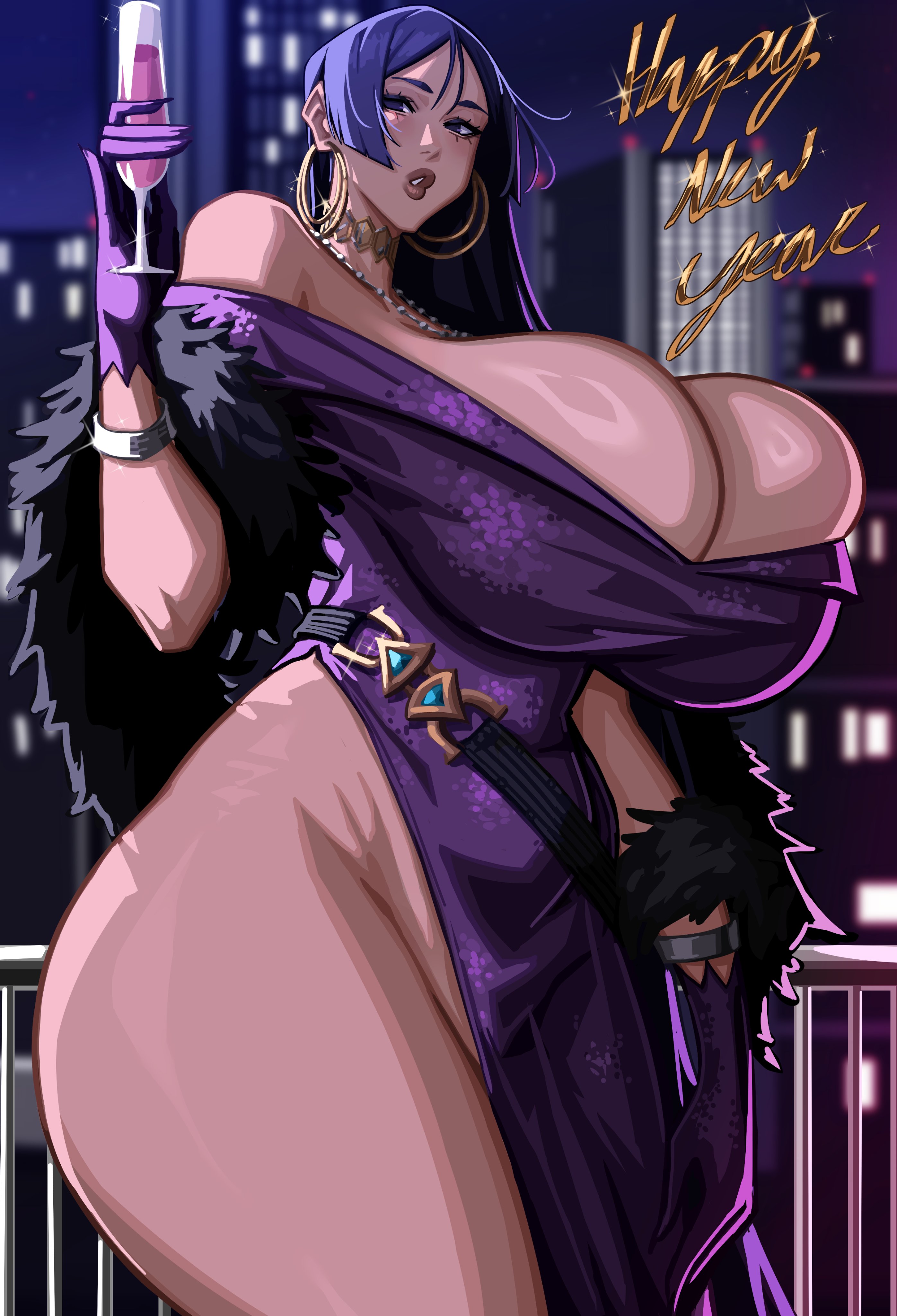 alecto 0, minamoto no raikou (exhibition attire) (fate), minamoto no raikou (fate), fate/grand order, fate (series), absurdres, commentary, english commentary, highres, 1girl, belt, breasts, cleavage, cup, dress, drinking glass, feather boa, gloves, happy new year, huge breasts, jewelry, long hair, looking at viewer, necklace, new year, off-shoulder dress, off shoulder, parted bangs, parted lips, purple dress, purple eyes, purple gloves, purple hair, side slit, solo, thigh strap, thighs, very long hair